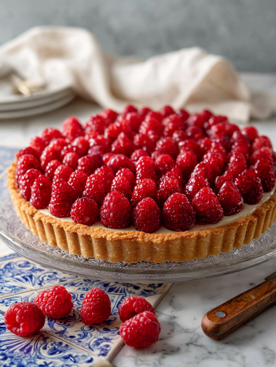 A raspberry tart with three visible layers: a light golden-brown crust forming the base and edges, a thin layer of cream or custard just beneath the fruit, and a thick top layer fully covered with bright red raspberries arranged closely together. The tart sits on a white marbled surface with some raspberries scattered around, and a knife with a brown wooden handle is partially visible near the top right corner. The photo taken with an iphone --ar 2:3 --v 7