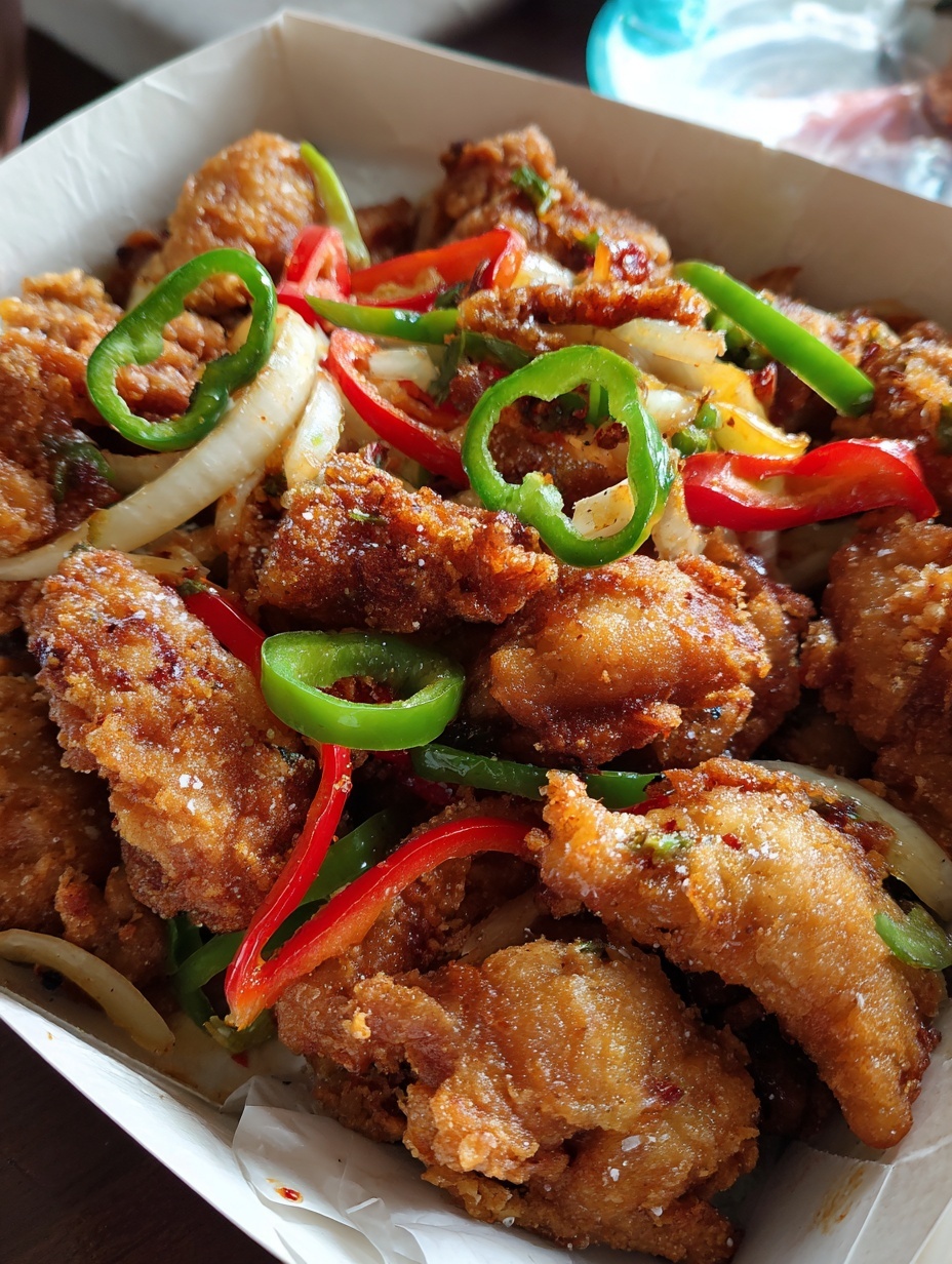 The image shows a close-up of many pieces of golden brown fried chicken bites, mixed with thin slices of green and red bell peppers and translucent onion strips, all sprinkled with coarse salt crystals. The chicken pieces have a crunchy, textured coating and are scattered naturally among the colorful vegetables, creating a vibrant, appetizing mix. The photo is taken with an iphone --ar 2:3 --v 7