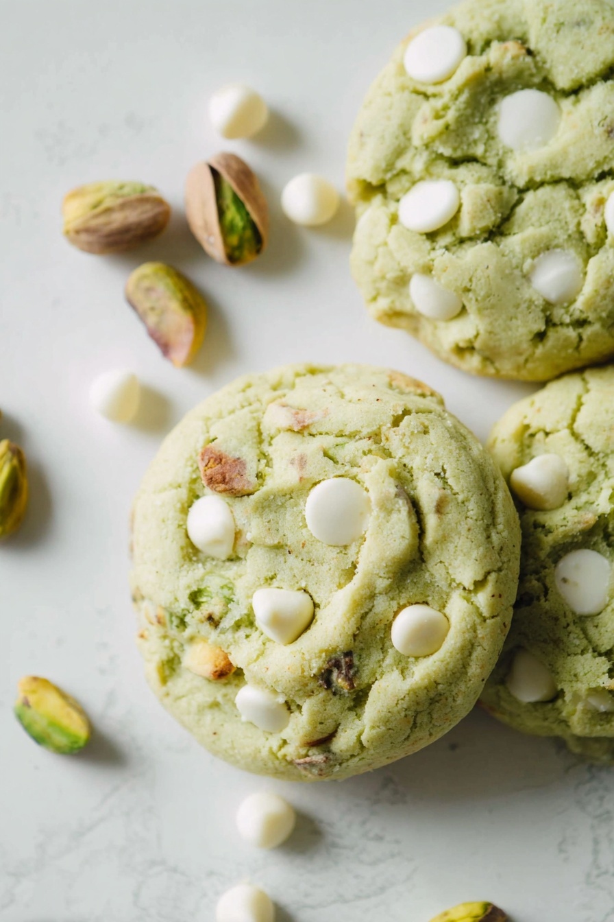 A stack of four soft, thick green cookies sits on a white marbled surface, each cookie showing a rough texture with visible white chocolate chips and small pieces of nuts embedded throughout. The cookies have a slightly uneven shape, giving a homemade look, with bits of white chocolate and nuts scattered around the base on the surface. The background is blurred and also features the white marbled texture. photo taken with an iphone --ar 2:3 --v 7