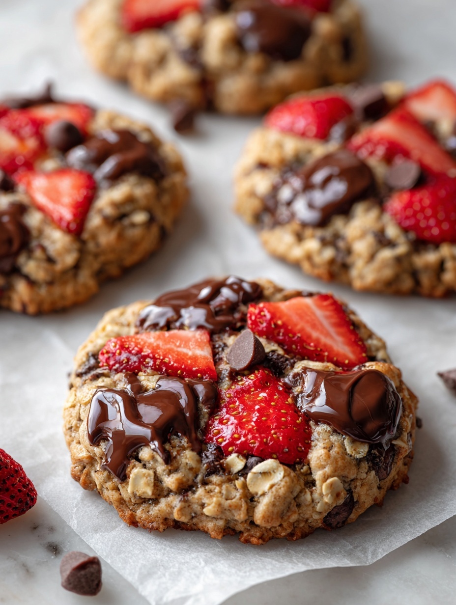 The image shows large oatmeal cookies with a rough, golden brown texture and visible oats forming the base layer. Embedded within the cookies are dark brown melted chocolate chunks and small chocolate chips scattered unevenly across the surface. Bright red slices of strawberries are spread throughout, adding spots of vibrant color against the warm oats and chocolate. The cookies rest on a light beige parchment paper with a subtle texture. photo taken with an iphone --ar 2:3 --v 7