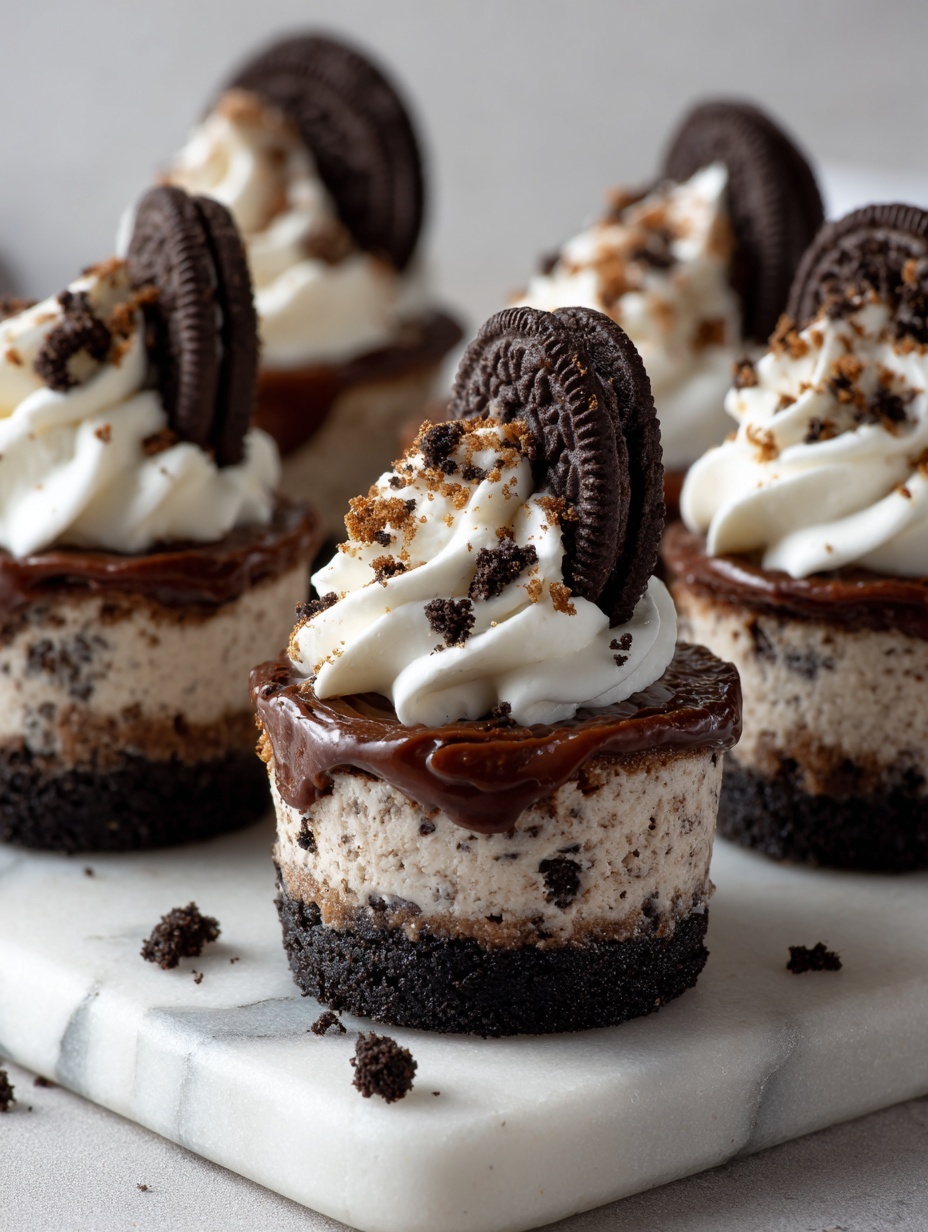 The image shows six small round cakes arranged in two rows on a dark slate board over a white marbled surface. Each cake has three layers: a bottom dark brown crumb crust, a thick middle white cream layer with black cookie bits mixed inside, and a smooth chocolate layer on top of the cream. On top of the chocolate layer, there is a swirl of white whipped cream with small dark cookie crumbs sprinkled over it. Each cake is finished with a single whole dark chocolate sandwich cookie standing upright in the cream. The background is a soft light gray textured wall. Photo taken with an iphone --ar 2:3 --v 7