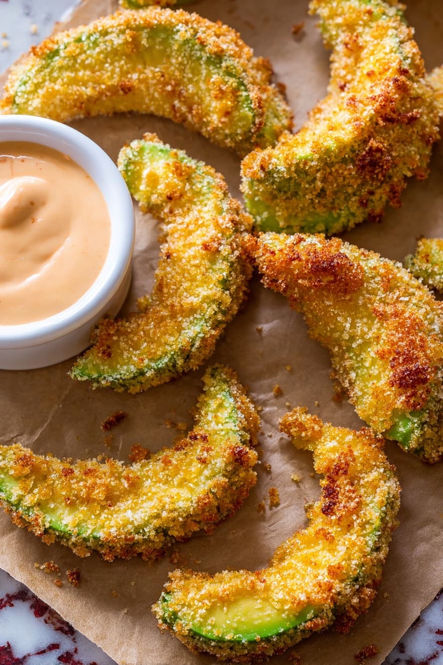 The image shows several golden brown avocado slices coated in crispy breadcrumbs arranged closely on a piece of parchment paper over a white marbled surface. The avocado slices have a slightly curved shape with a crunchy texture, showing some darker toasted spots. To the side, there is a small white bowl filled with a creamy, light orange dipping sauce. The background is softly blurred, bringing focus to the crunchy avocado slices and the smooth sauce. photo taken with an iphone --ar 2:3 --v 7