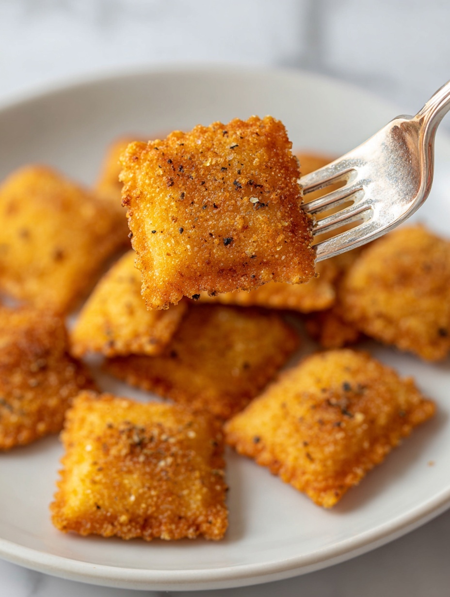 A close-up view shows a silver fork holding a single square fried ravioli, which has a golden brown crunchy coating with small green herb specks. Below the fork, a white plate holds many more pieces of the same fried ravioli, spread out unevenly. The background has a white marbled texture that contrasts with the ravioli. The lighting highlights the rough crispy texture on the ravioli surface. photo taken with an iphone --ar 2:3 --v 7