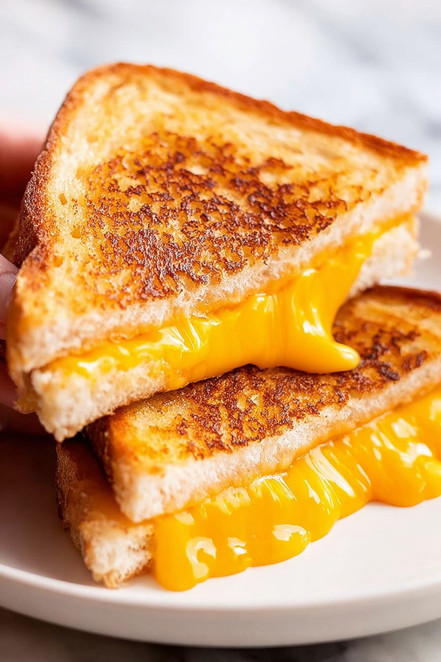 Two grilled cheese sandwich halves stacked on a white plate, each sandwich made with two slices of white bread toasted to a golden brown with darker grill marks. Between each slice is a thick, bright orange melted cheese layer that oozes slightly out from the edges of the bread. The top sandwich half leans against the bottom one, showing the gooey texture of the cheese. The plate is set on a white marbled surface. Photo taken with an iphone --ar 2:3 --v 7