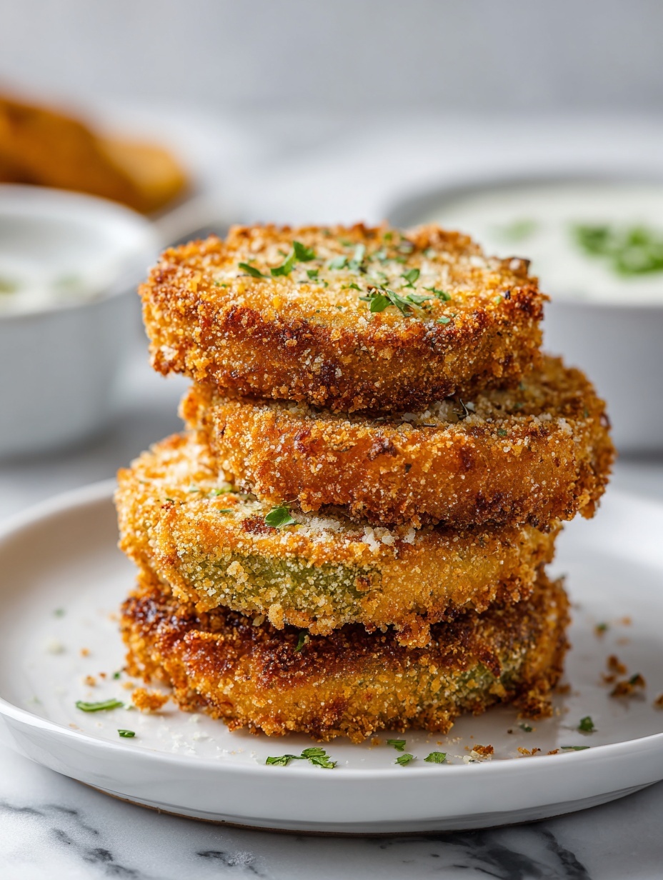 A stack of four golden brown crispy fried rounds sits on a white plate, each piece showing a crunchy, crumbly texture with small green herbs sprinkled on top. The fried layers are thick and uniform, with a rough, crumb-coated surface that looks crunchy and well-fried. The background shows a blurred white marbled texture and a small white bowl with light brown dipping sauce in soft focus behind the plate. photo taken with an iphone --ar 2:3 --v 7