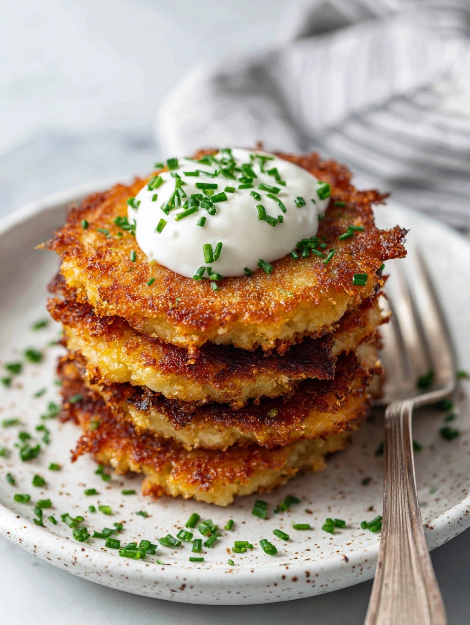 A stack of four crispy golden-brown fritters sits on a white speckled plate, each fritter showing a textured, crunchy surface with strands of fried potato edges. On top of the stack is a dollop of white sour cream, sprinkled with small bright green chopped chives. More chives are scattered on the plate around the fritters. A silver fork lies beside the stack on the plate. The scene is set on a white marbled surface with a soft blurred background featuring a white and light pink striped cloth. Photo taken with an iphone --ar 2:3 --v 7