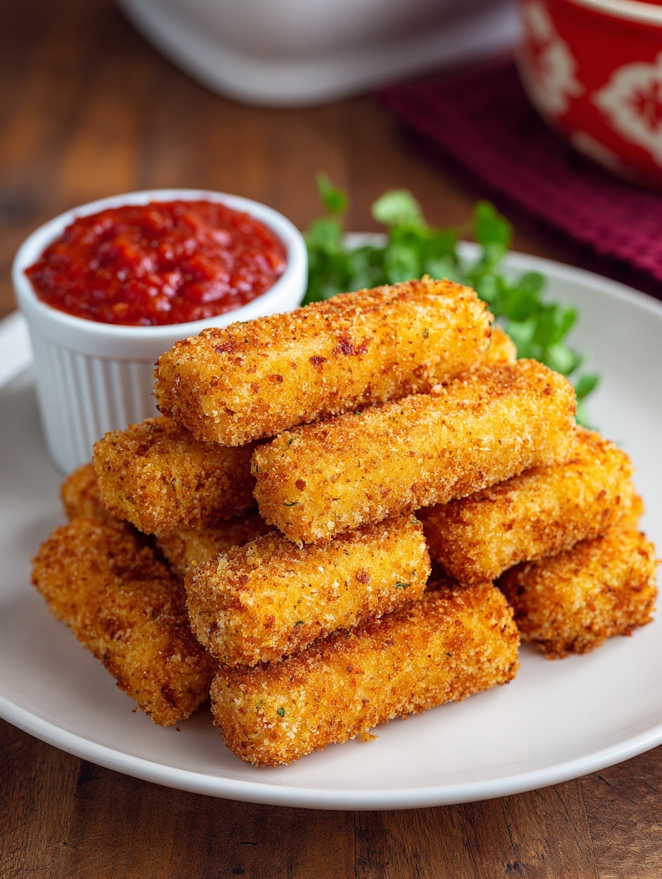 The image shows a dark round plate filled with ten golden brown, crispy sticks arranged in two layers, with the bottom layer slightly visible under the top layer. The sticks have a rough, crumbly texture and are placed closely together. Behind the plate, there is a small white bowl filled with bright red sauce and a small bunch of fresh green parsley next to it. The setting has a warm wooden tone, but the surface beneath the plate is changed to a white marbled texture. Photo taken with an iphone --ar 2:3 --v 7