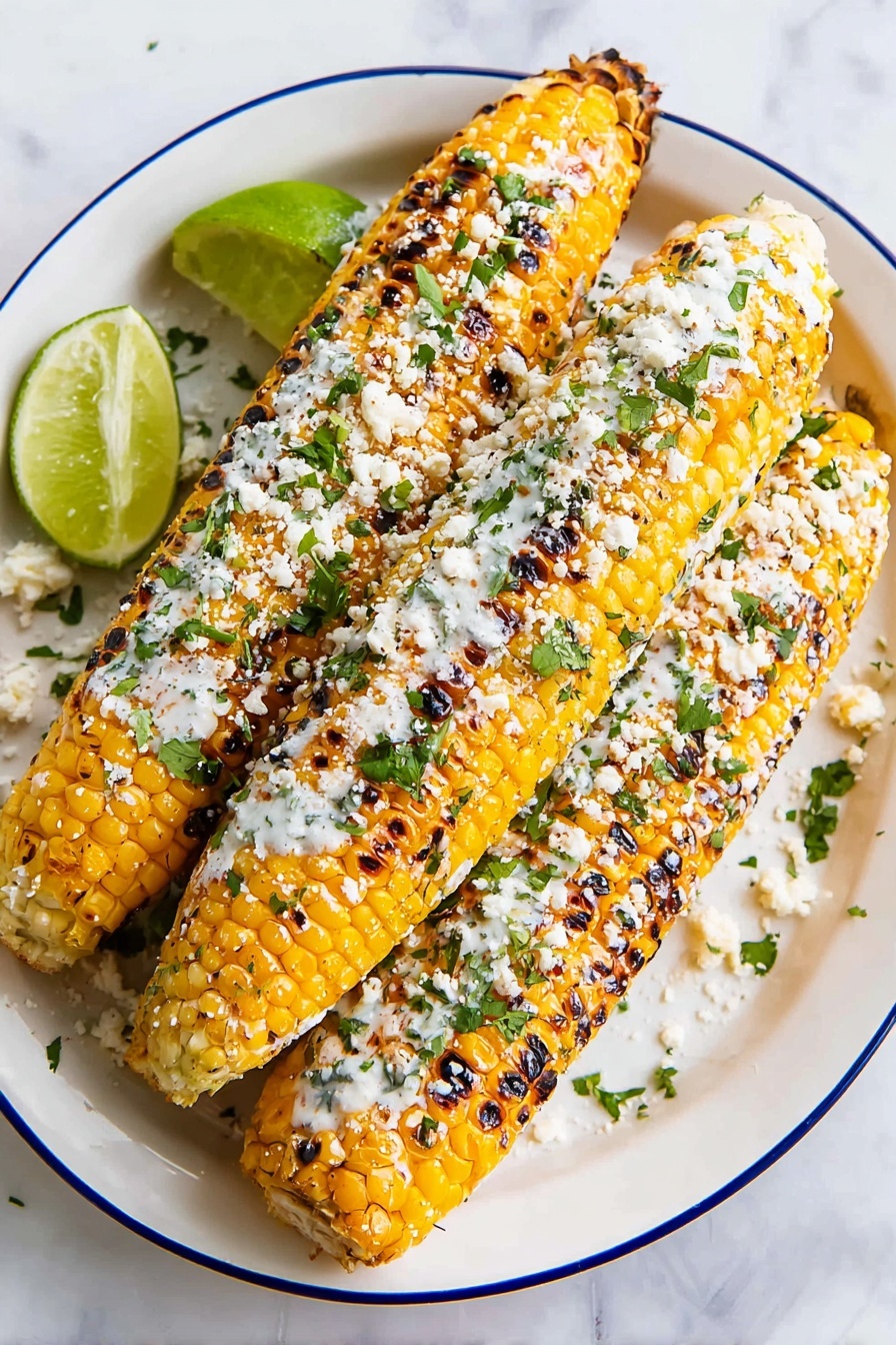 Three grilled corn cobs covered with a white creamy sauce and sprinkled with white cheese and green chopped herbs lie on a large white plate with a dark blue rim. The corn kernels are golden yellow with charred dark brown spots, and the cheese is crumbled in small chunks over the top. On the plate beside the corn are two light green lime halves and more white cheese. The background is a soft white marbled surface. Photo taken with an iphone --ar 2:3 --v 7