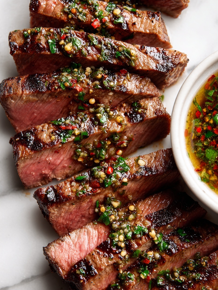 A white plate holds several wide slices of steak arranged in a slightly overlapping manner, showing a juicy pink center with a browned, grilled outer edge. The meat displays a mix of dark grill marks and a sprinkle of black pepper and herbs. On the right side of the image, there is a partial view of a white bowl with green sauce inside, resting on a white marbled surface. The photo taken with an iphone --ar 2:3 --v 7