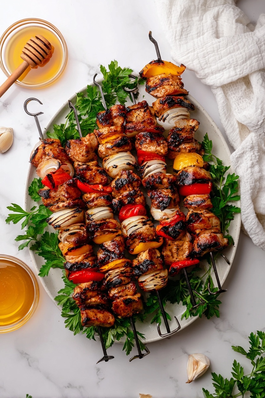 A white shallow bowl filled with grilled pieces on a bed of dark green leafy arugula. The pieces include browned chicken chunks with dark grill marks, orange and red bell pepper slices, and white onion pieces with charred edges. The food looks juicy and slightly shiny from cooking. In the background, there is another white plate with several skewers of similar grilled ingredients, and a small bunch of green parsley on the side. The setting is on a white marbled surface, with a black fork placed inside the bowl and two black skewers resting nearby. Photo taken with an iphone --ar 2:3 --v 7