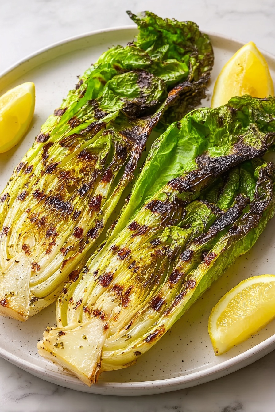 Two large halves of grilled romaine lettuce lie side by side on a white plate, each half showing bright green outer leaves with dark, crispy grill marks and pale, slightly charred inner leaves with a smooth texture. A couple of lemon wedges with a pale yellow color are placed at the back right of the plate, adding brightness. The background is a white marbled surface. photo taken with an iphone --ar 2:3 --v 7
