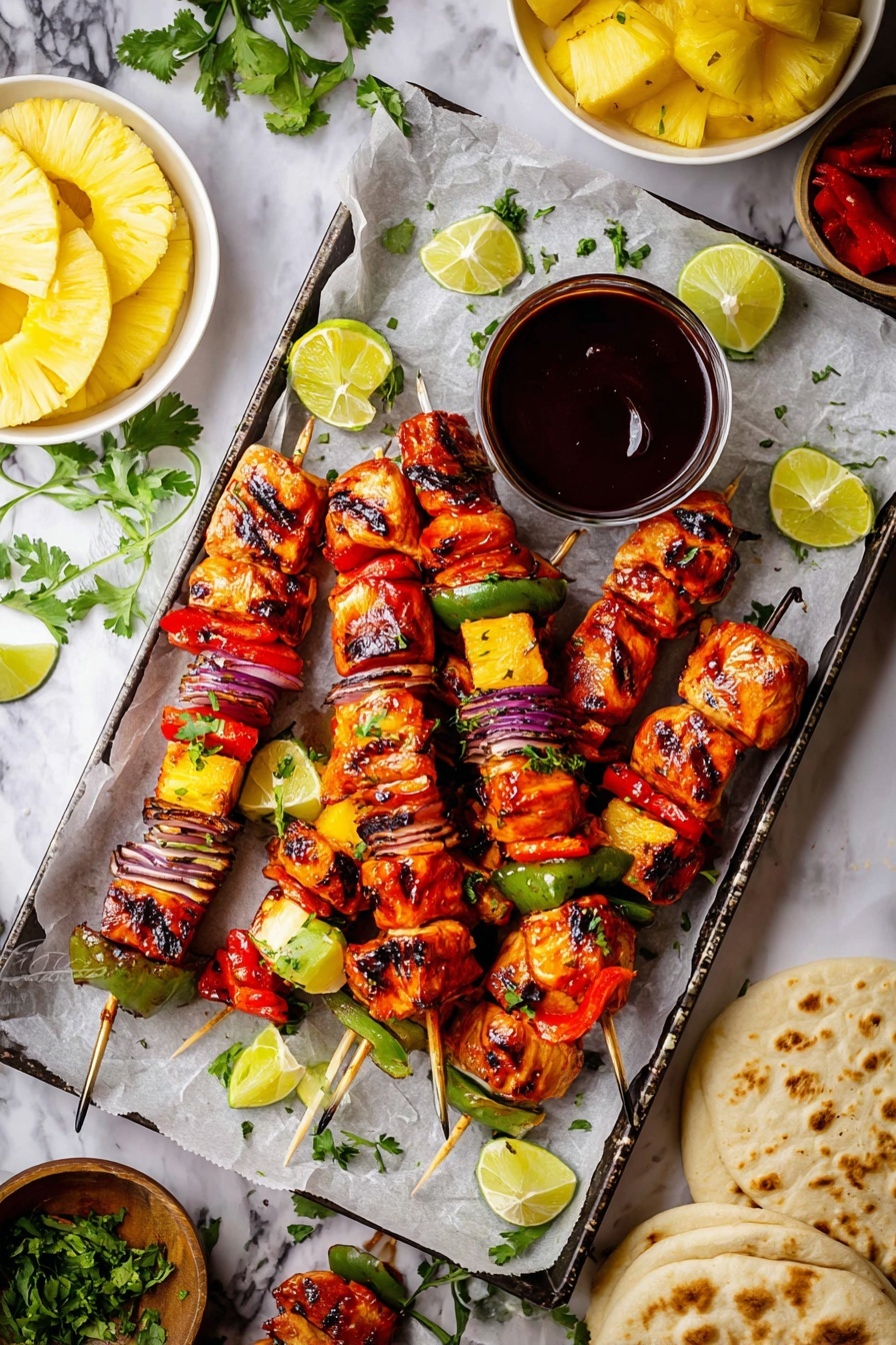 A white plate holds five metal skewers filled with colorful grilled kebabs. Each skewer has layers starting with golden yellow pineapple chunks that are slightly charred, followed by orange grilled chicken pieces glazed with a shiny sauce. Between the chicken and pineapples are roasted red bell peppers, green zucchini chunks, and purple onion pieces, all with slight grill marks. Fresh green cilantro leaves are scattered on the kebabs and plate. On the side of the plate is a small white bowl filled with thick reddish-brown dipping sauce and a couple of lime wedges placed next to it. The plate rests on a white marbled surface photo taken with an iphone --ar 2:3 --v 7