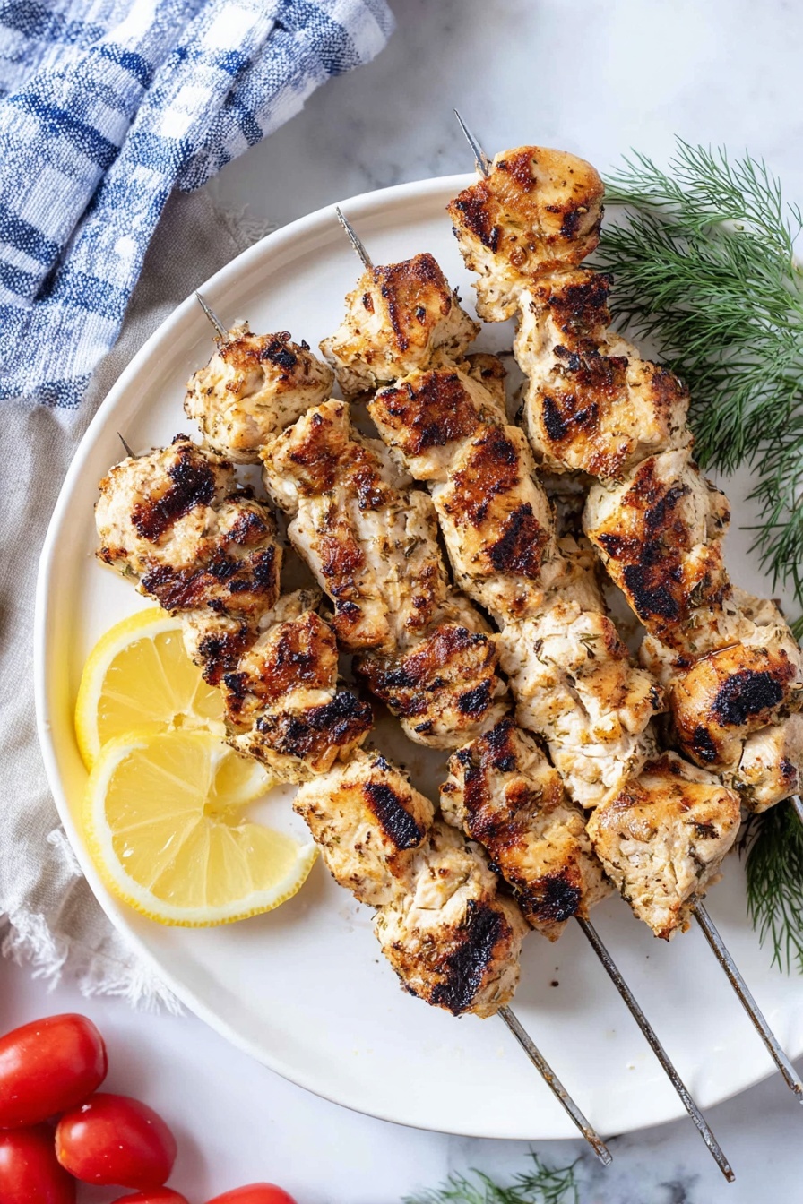 On a white plate, there are four metal skewers each holding several pieces of grilled chicken. The chicken pieces are golden brown with darker grill marks and look juicy and tender. On the left side of the plate, there are two lemon wedges with bright yellow color, placed near a small sprig of fresh green dill. The plate sits on a white marbled surface, with a blue and white striped cloth and a few red cherry tomatoes on the bottom left corner visible. Photo taken with an iphone --ar 2:3 --v 7