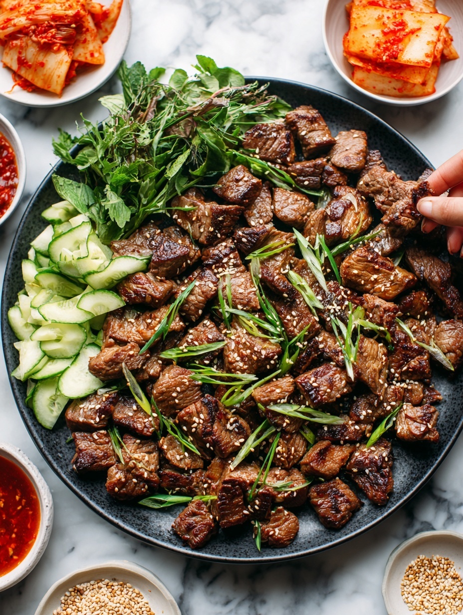A round dark gray plate holds many pieces of cooked brown meat, each slice showing grill marks and a bit of char, scattered with green chopped scallions and light brown sesame seeds. On the left side of the plate are green leafy herbs and several light green cucumber sticks. Around the plate on a white marbled surface are small white bowls with different dipping sauces or sides including an orange thick sauce, reddish-orange kimchi, a dark red spicy sauce with chili flakes, and some sesame seeds. Photo taken with an iphone --ar 2:3 --v 7