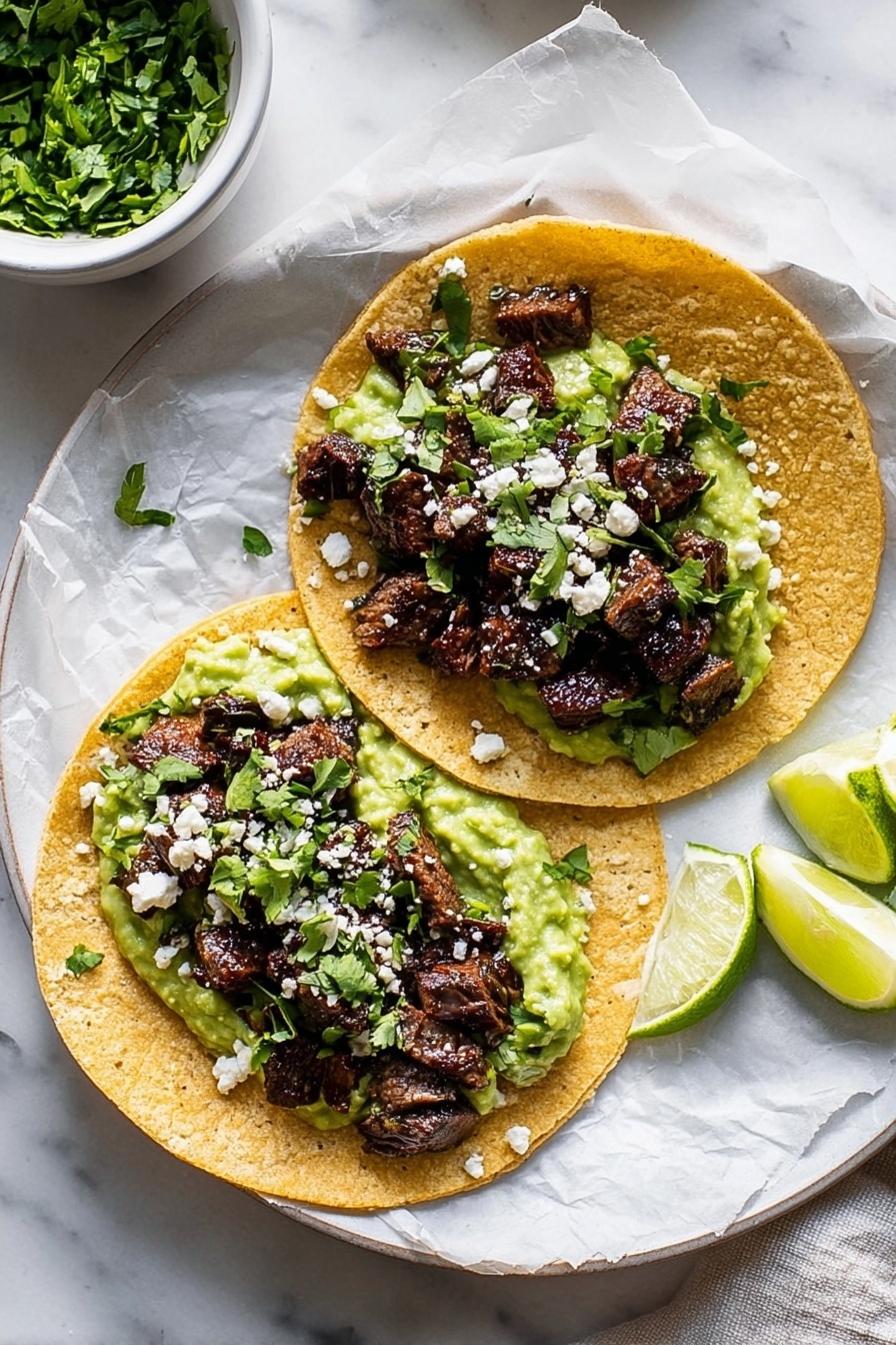 Two tacos are placed on a piece of white parchment paper on a dark plate, which is on a white marbled surface. Each taco has a soft yellow corn tortilla as the base layer, topped with a layer of light green mashed avocado spread evenly. Over the avocado, there are small chunks of grilled dark brown meat arranged in the center. White crumbled cheese and small pieces of diced white onion are scattered on top, along with bits of green fresh cilantro. To the right side of the plate, three wedges of lime with a pale green, slightly translucent color sit next to the tacos. In the upper left background, a white bowl filled with chopped green herbs is partially visible. Photo taken with an iphone --ar 2:3 --v 7