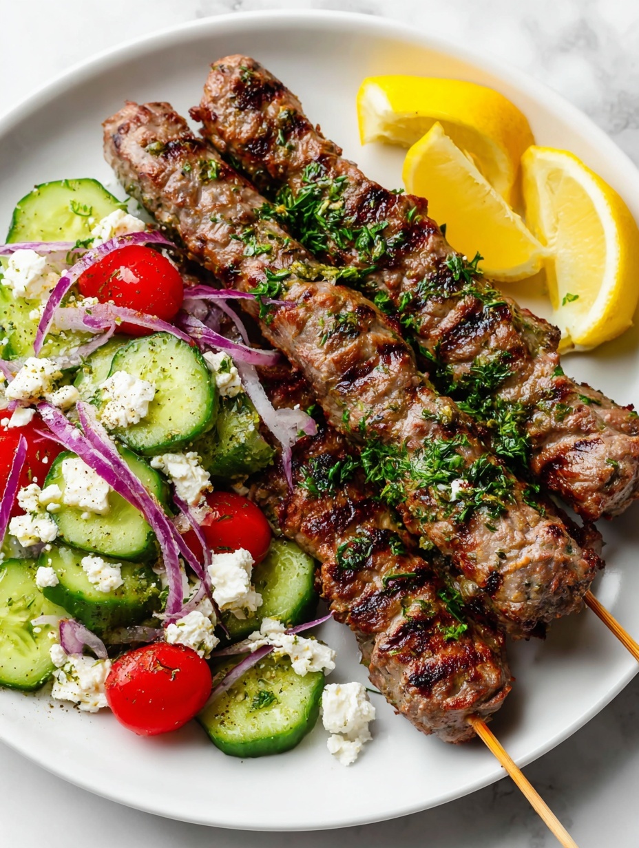 The image shows four grilled meat skewers with a brown and slightly charred texture, placed diagonally on a white plate. Below the skewers is a fresh salad made of sliced green cucumbers, halved red cherry tomatoes, small white cheese chunks, and bits of red onion, all mixed and garnished with chopped green herbs. On the right side of the plate, partially behind the skewers, there are two bright yellow lemon wedges. The plate rests on a white marbled surface. The overall colors are natural and vibrant, and the dish looks fresh and tasty. Photo taken with an iphone --ar 2:3 --v 7