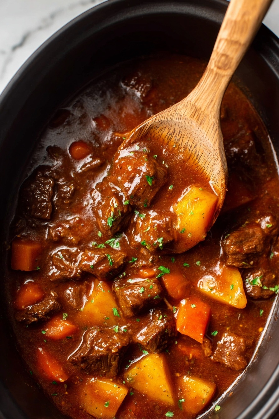 A close-up of a rich beef stew inside a black pot, showing chunky pieces of tender brown beef mixed with bright orange carrot slices and pale yellow potato chunks, all covered in a glossy deep brown sauce with small green herb pieces sprinkled on top. A light-colored wooden spoon is scooping some stew from the right side, revealing the thick texture of the sauce and tender ingredients. The background below the pot is a white marbled texture photo taken with an iphone --ar 2:3 --v 7