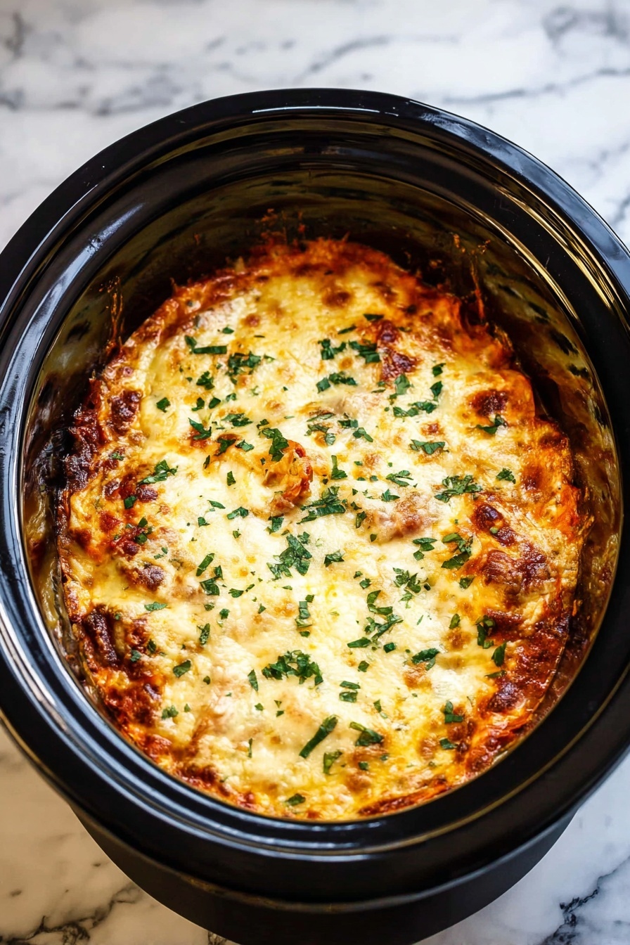 The image shows a slow cooker filled with a baked dish that has a golden brown cheesy top layer with melted cheese stretching slightly in the middle. The cheese is bubbly with some darker toasted spots and is sprinkled with small green herb pieces, likely parsley or basil. Below the cheese, there are visible swirls and layers of pasta and sauce creating a rich orange and red texture around the edges. The slow cooker is black and shiny, placed on a white marbled surface that adds light contrast to the warm tones of the dish. photo taken with an iphone --ar 2:3 --v 7
