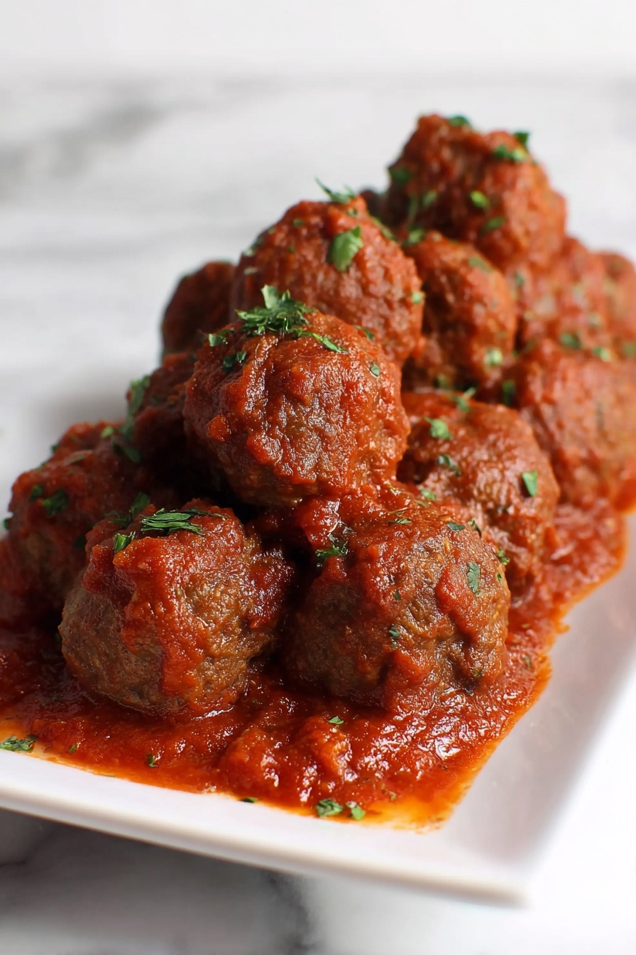 A white rectangular plate holds a pile of small, browned meatballs covered in a thick red tomato sauce. The meatballs are unevenly shaped with a rough texture, and the sauce clings to them with a slightly chunky consistency. Small bits of green herbs are sprinkled on top, adding a pop of color against the warm red and brown tones. The plate sits on a white marbled surface. photo taken with an iphone --ar 2:3 --v 7