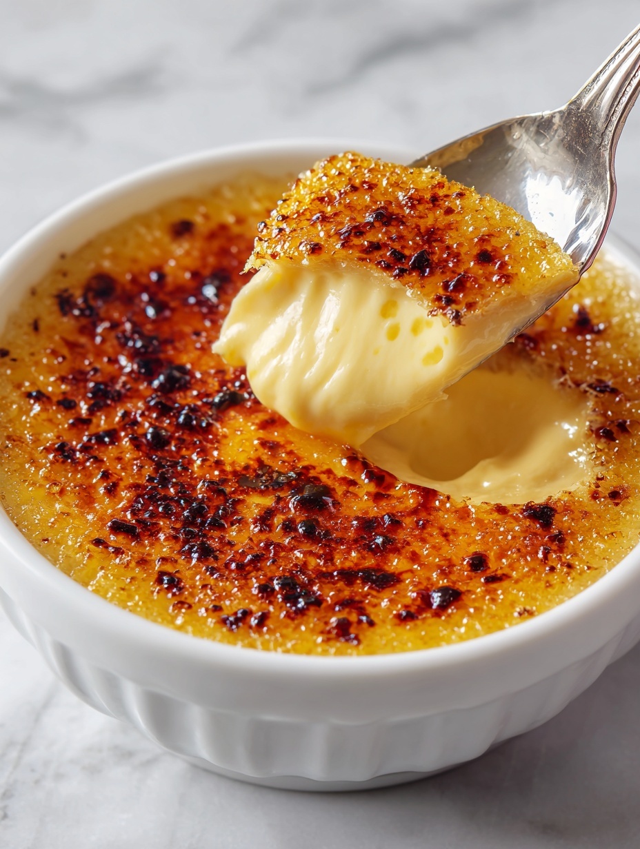 A close-up view of a white bowl holding a dessert with two distinct layers: the top layer is a caramelized golden-brown crust that looks hard and slightly uneven with some darker spots, while the bottom layer is creamy and pale yellow, soft in texture, and slightly melting where a silver spoon lifts a piece. The spoon, held by a woman's hand, shows both layers clearly, with the smooth creamy layer beneath the crunchy top crust. The bowl sits on a white marbled surface. Photo taken with an iphone --ar 2:3 --v 7