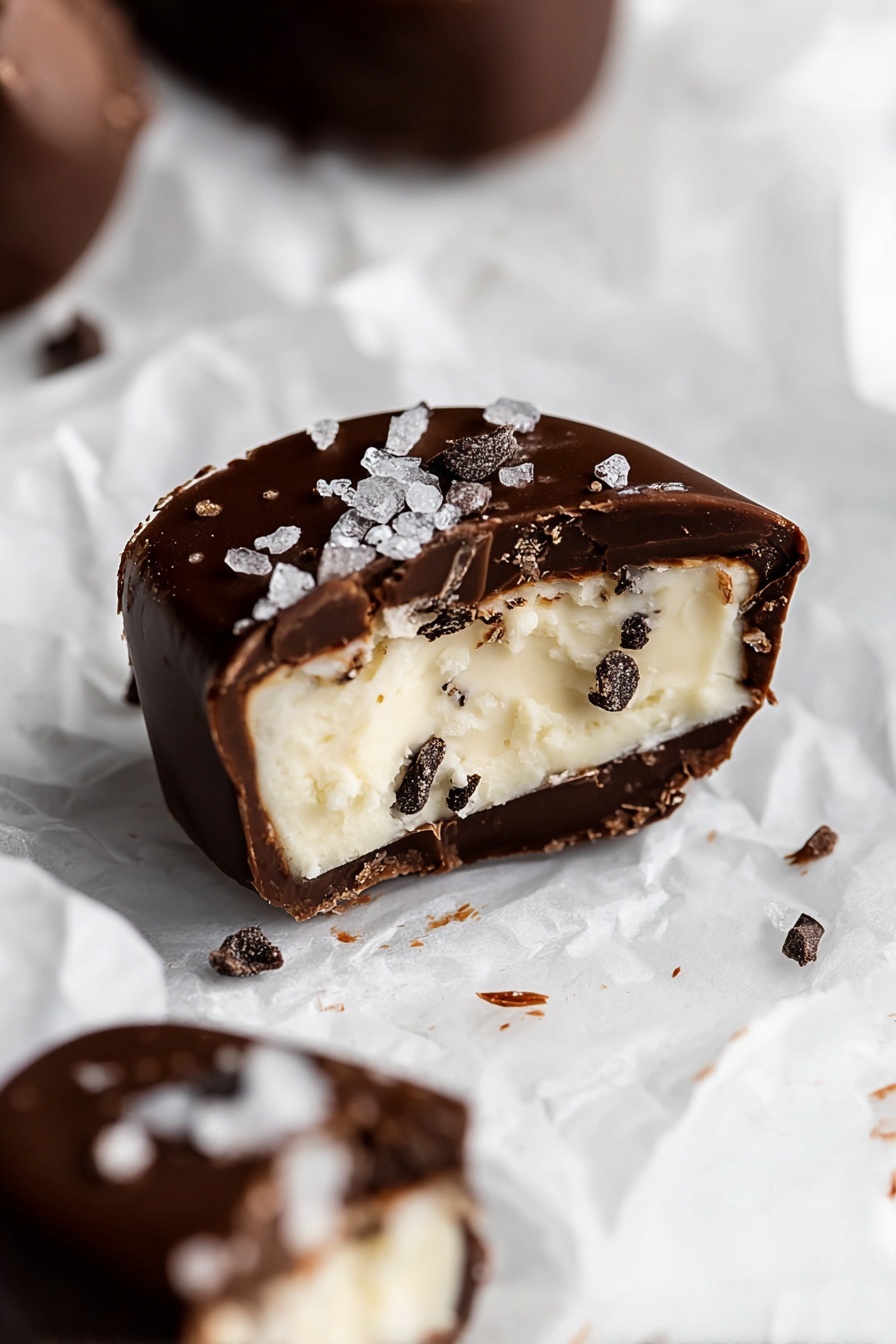 Six round chocolate treats sit on a piece of white parchment paper placed on a metal wire rack over a white marbled surface. Each treat has a smooth, shiny dark chocolate coating sprinkled with coarse sea salt on top. Two of the treats are cut in half showing a light cream-colored center with embedded small chocolate chips. Scattered dark chocolate chips lie around the tray. The overall look is neat and inviting, highlighting the contrast between the dark chocolate outside and the light inside. Photo taken with an iphone --ar 2:3 --v 7