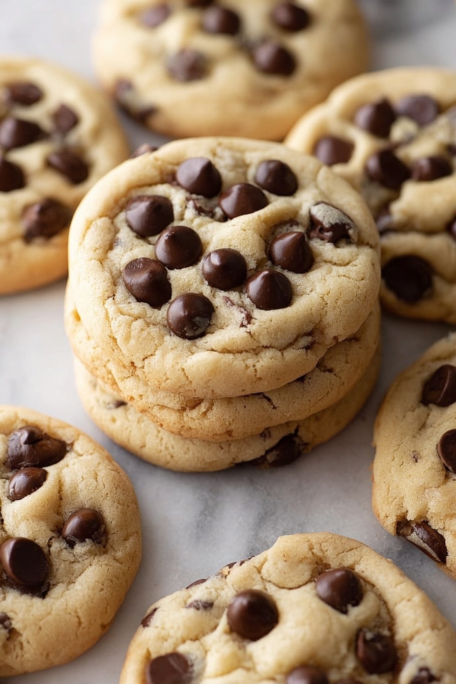 The image shows a close-up view of several soft chocolate chip cookies on a white tray. Each cookie has one main layer of light golden brown dough with a soft, slightly cracked surface. Dark brown chocolate chips are spread unevenly on top, some melting slightly and appearing shiny. The cookies have subtle darker brown edges that look slightly crispier, with a few small cracks throughout. The tray rests on a white marbled surface that is softly blurred, creating a warm and inviting feel. photo taken with an iphone --ar 2:3 --v 7