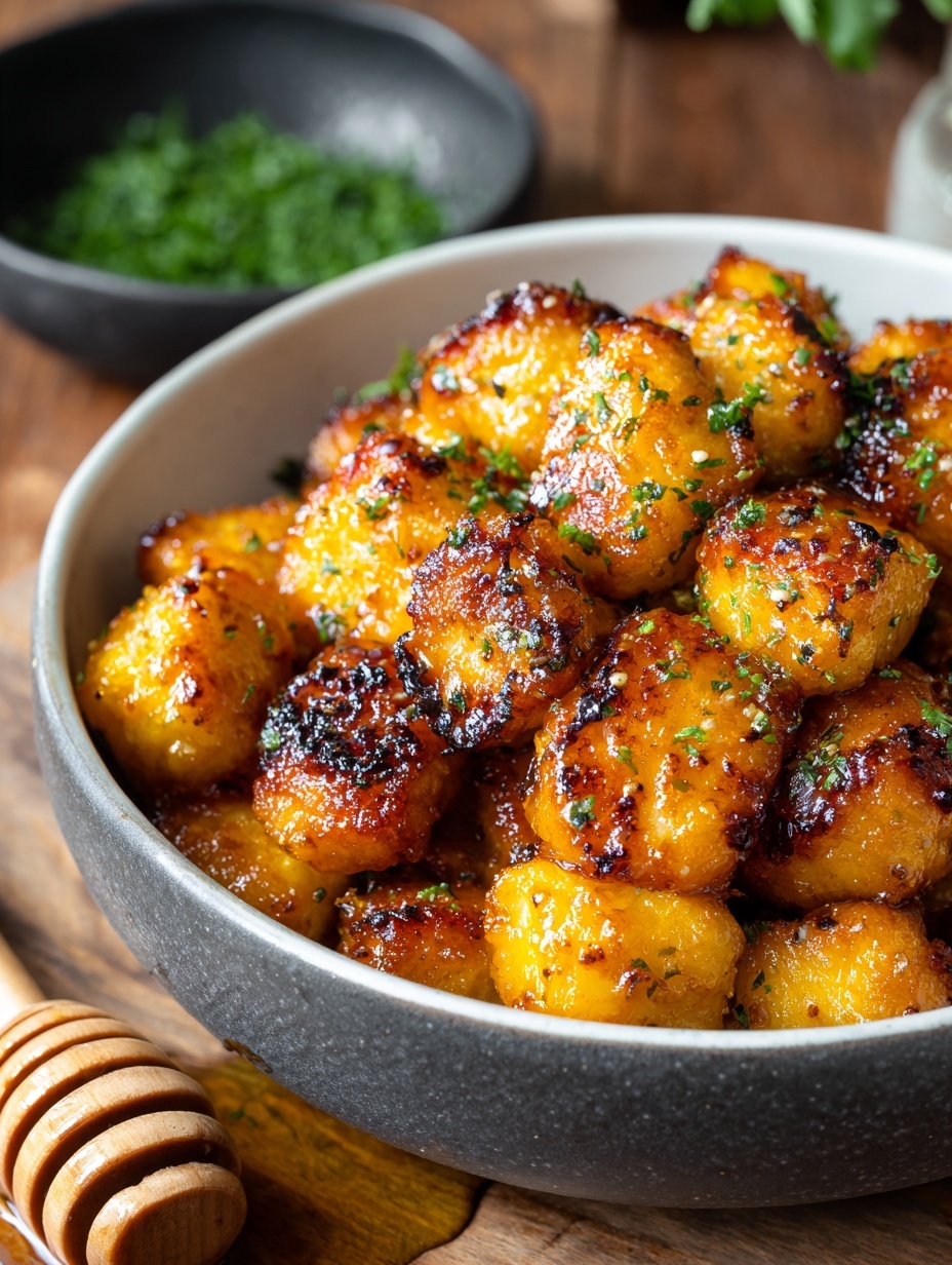 The image shows small, evenly sized golden-brown cubes of cooked chicken in a white bowl with a thin dark rim. The chicken pieces have a crispy, slightly charred texture with visible seasoning. Honey is being drizzled over the chicken from a wooden honey dipper held by a woman's hand, adding a shiny, sticky layer. The white bowl sits on a white marbled surface. photo taken with an iphone --ar 2:3 --v 7