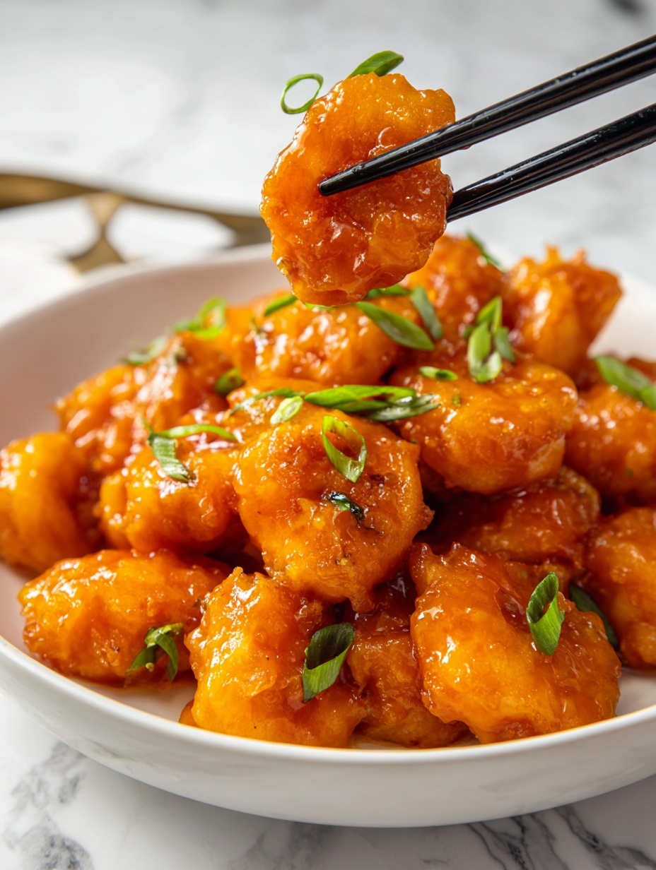 A close-up view shows a white plate filled with multiple pieces of shrimp covered in thick, shiny orange sauce. Each shrimp piece has a smooth texture and is topped with small, chopped green onions scattered around. One shrimp is held up close by black chopsticks, showing the glossy coating and fresh decoration clearly. The background is a white marbled surface. photo taken with an iphone --ar 2:3 --v 7