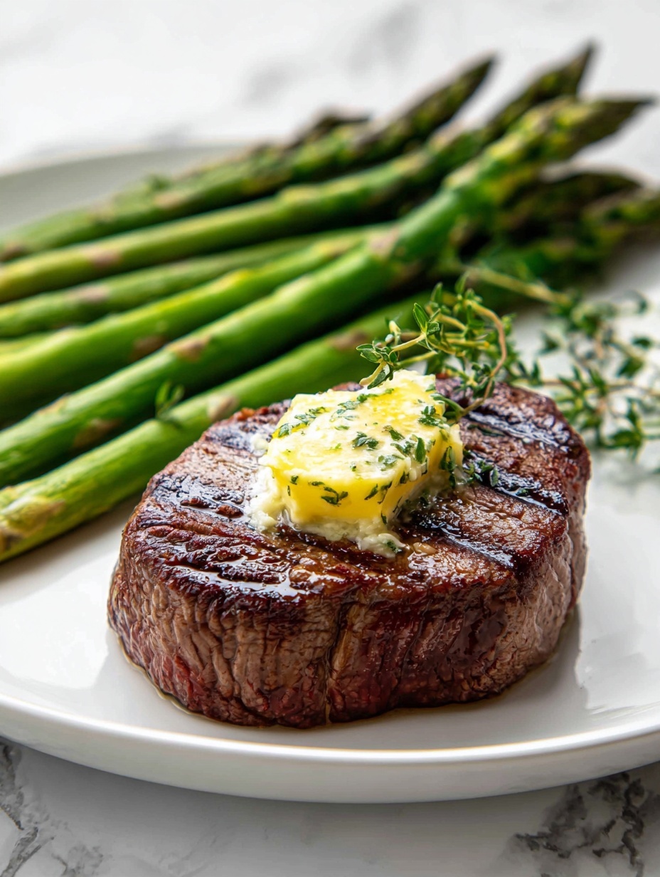 A thick, round piece of cooked steak with a textured, brown surface sits on the left side of a white plate. On top of the steak is a dollop of light yellow herb butter that is starting to melt. To the right of the steak, a bunch of green asparagus spears with slight char marks lay in a neat pile. A small sprig of fresh green herbs sits next to the asparagus. The plate is placed on a white marbled surface. photo taken with an iphone --ar 2:3 --v 7