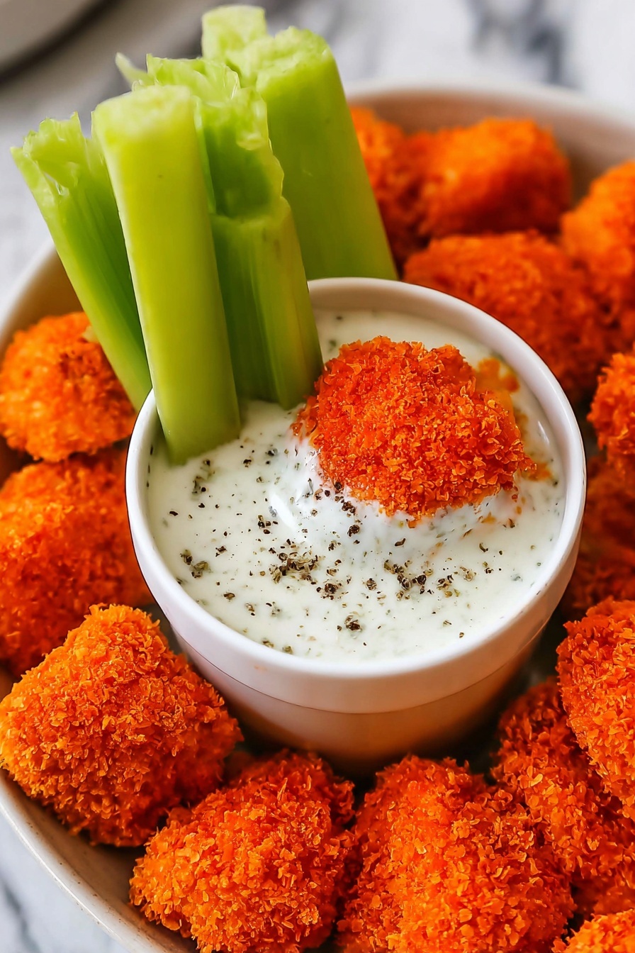 A close-up of a white bowl filled halfway with creamy white ranch dressing seasoned with black pepper, with a bright orange crispy nugget partly dipped in the dressing and resting on its surface. Three green celery sticks stand upright inside the bowl, leaning against the side. Surrounding the bowl on a white plate are multiple orange crispy nuggets with a rough, crumbly texture, and some more celery sticks lay nearby on a white marbled surface. photo taken with an iphone --ar 2:3 --v 7