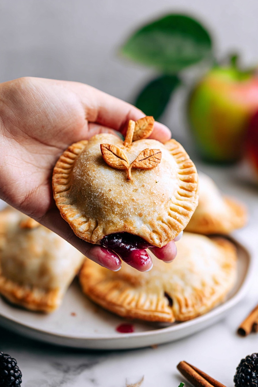 A woman's hand is holding a small round pie shaped like an apple, with a golden-brown crust and two decorative leaf shapes on top near the stem. The pie has a slightly rough texture with sugar sprinkled over the top and a small spot of dark red filling oozing out from one side near the top left. The pie edges are pressed down with a fork to make a patterned border. Behind the hand, there are more similar pies stacked on a white plate on a white marbled surface. In the foreground, a single blackberry and two cinnamon sticks are placed on the white marbled surface, while a blurry apple with green and red color is in the background, adding a hint of freshness. photo taken with an iphone --ar 2:3 --v 7