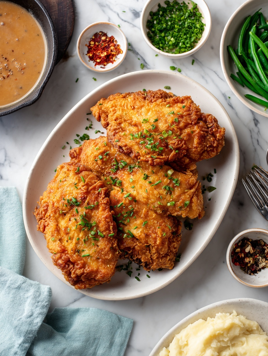 Three pieces of crispy fried chicken with a golden-brown crunchy texture and small green herb bits sprinkled on top are stacked slightly overlapping on a white oval plate in the center. Surrounding the plate are small wooden bowls filled with fresh green beans, crumbled white cheese, leafy greens, coarse salt, and cracked black pepper, plus a small bowl with red pepper flakes. To the left side, a black cast-iron skillet with light brown gravy is partly visible. The scene is set on a red tiled surface that is changed to a white marbled texture. Photo taken with an iphone --ar 2:3 --v 7