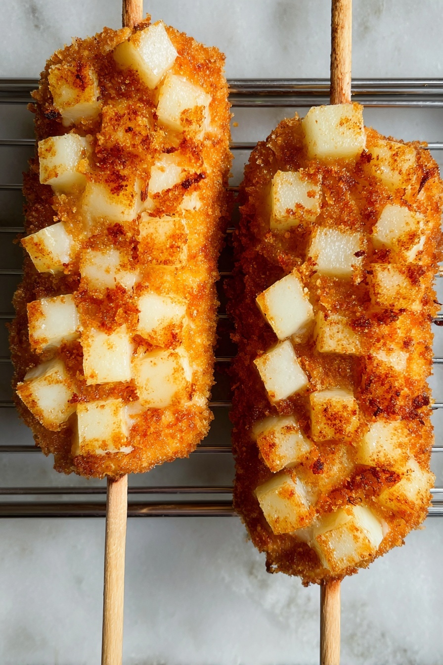 Two long skewers hold deep golden brown fried pieces covered with small, slightly crispy pale yellow cubes, arranged closely across the surface. The base layer looks crunchy with a rough texture, while the cubes on top have a soft, slightly uneven surface with hints of light browning on some edges. Both skewers rest on a metal wire rack, with a white marbled surface underneath, showing the warm, fresh fried food in clear detail. Photo taken with an iphone --ar 2:3 --v 7