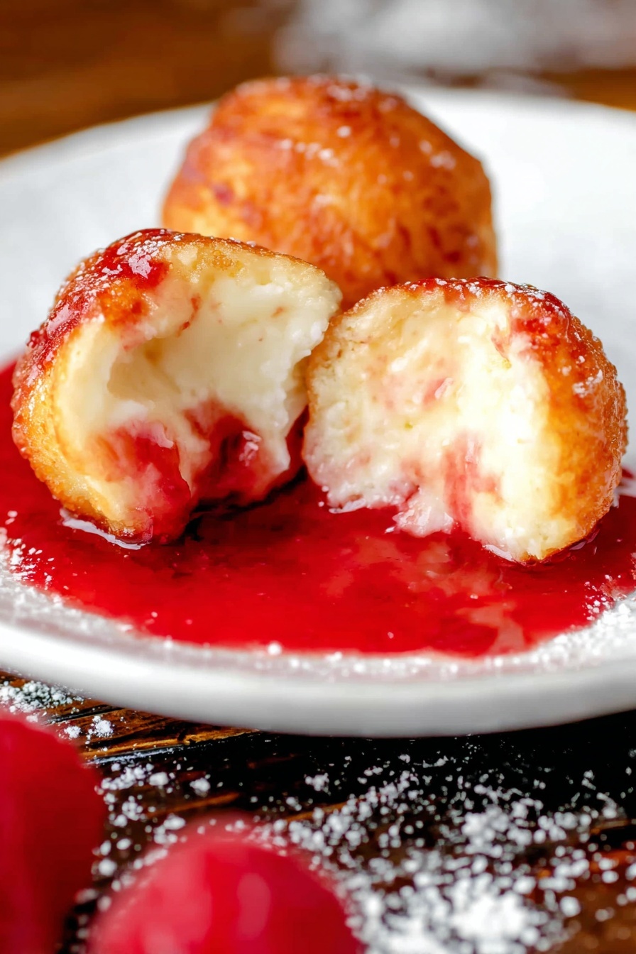 The image shows a close-up of two round, soft dessert balls placed on a white plate with a black edge pattern, sitting on a reddish liquid sauce. One ball is whole while the other is broken in half, revealing a creamy, light yellow inside with a smooth texture, and a shiny red outer coating that looks vinegary or jelly-like. Around the plate, there are fresh red raspberries and some scattered white powder on a wooden surface. The colors are mainly red, white, cream, and brown. Photo taken with an iphone --ar 2:3 --v 7