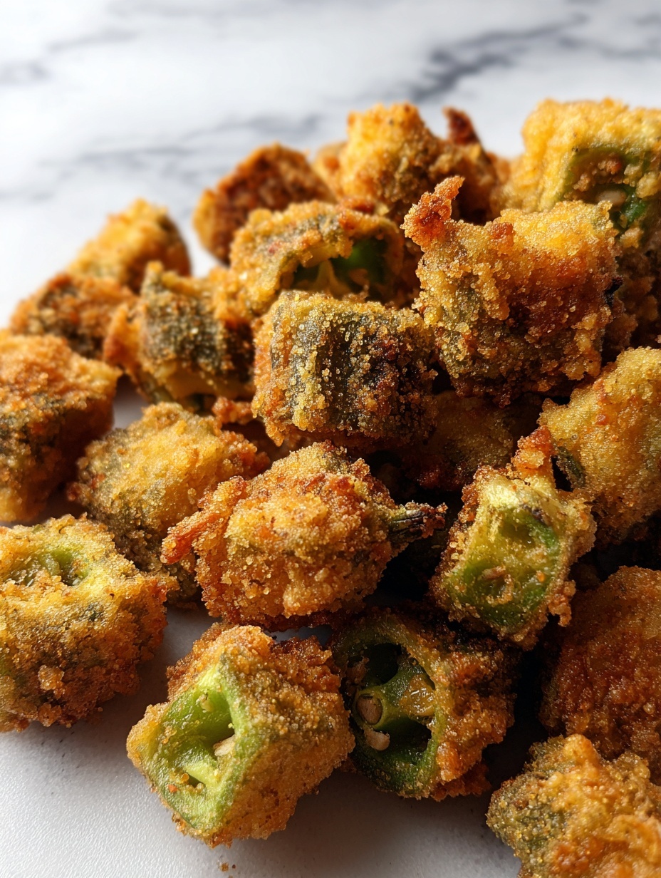 A close-up of many small fried okra pieces piled on a white paper towel. Each piece is coated with a golden-brown, crispy crumb layer with green okra visible under the coating. The okra clusters vary in size and shape, and the texture looks crunchy with some pieces showing light browning. The background is softly blurred, focusing on the fried okra on the white paper towel. photo taken with an iphone --ar 2:3 --v 7