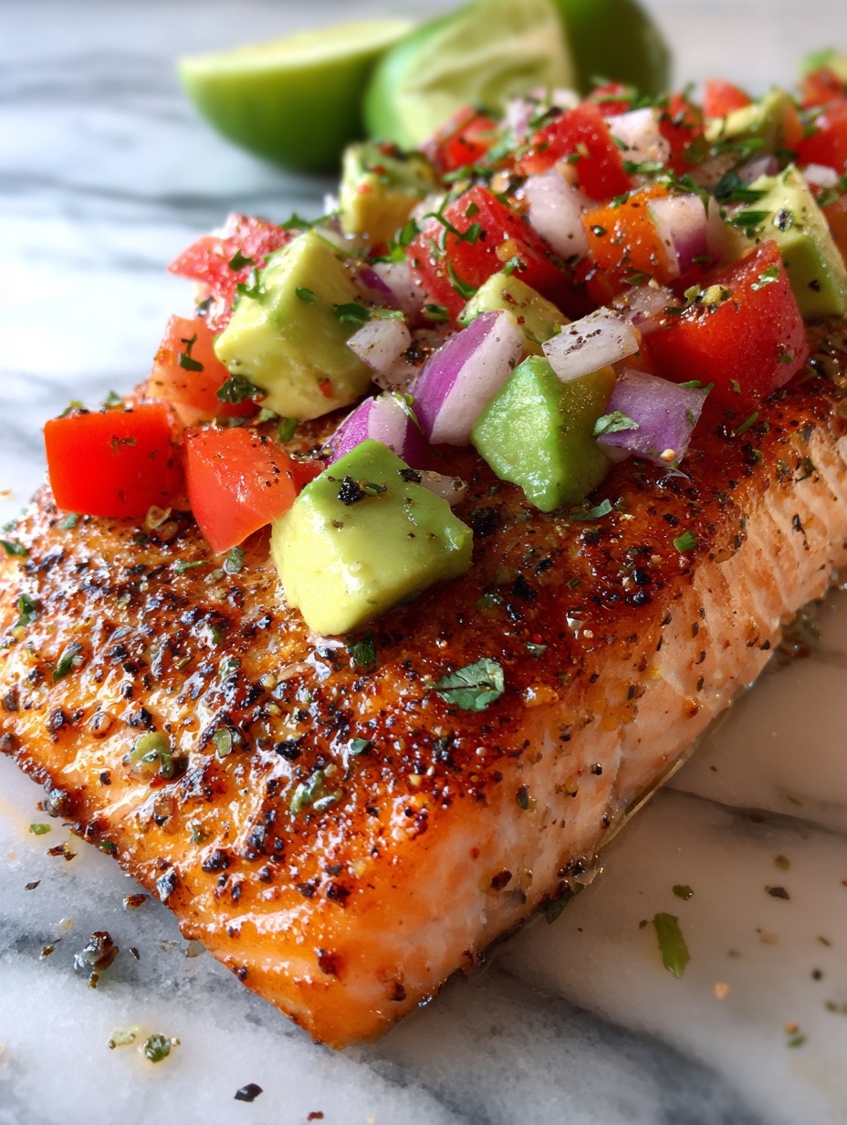 A white plate sits on a white marbled surface, holding a thick piece of cooked salmon that shows a golden brown, slightly crispy skin on top with pink, flaky flesh beneath. On top of the salmon is a chunky salsa made of diced green avocado, bright red cherry tomatoes, white onion pieces, and bits of green herbs, all mixed together with visible black pepper. A silver fork rests on the left side of the plate, partially covered by the salsa. The background is softly blurred with hints of green and red. photo taken with an iphone --ar 2:3 --v 7