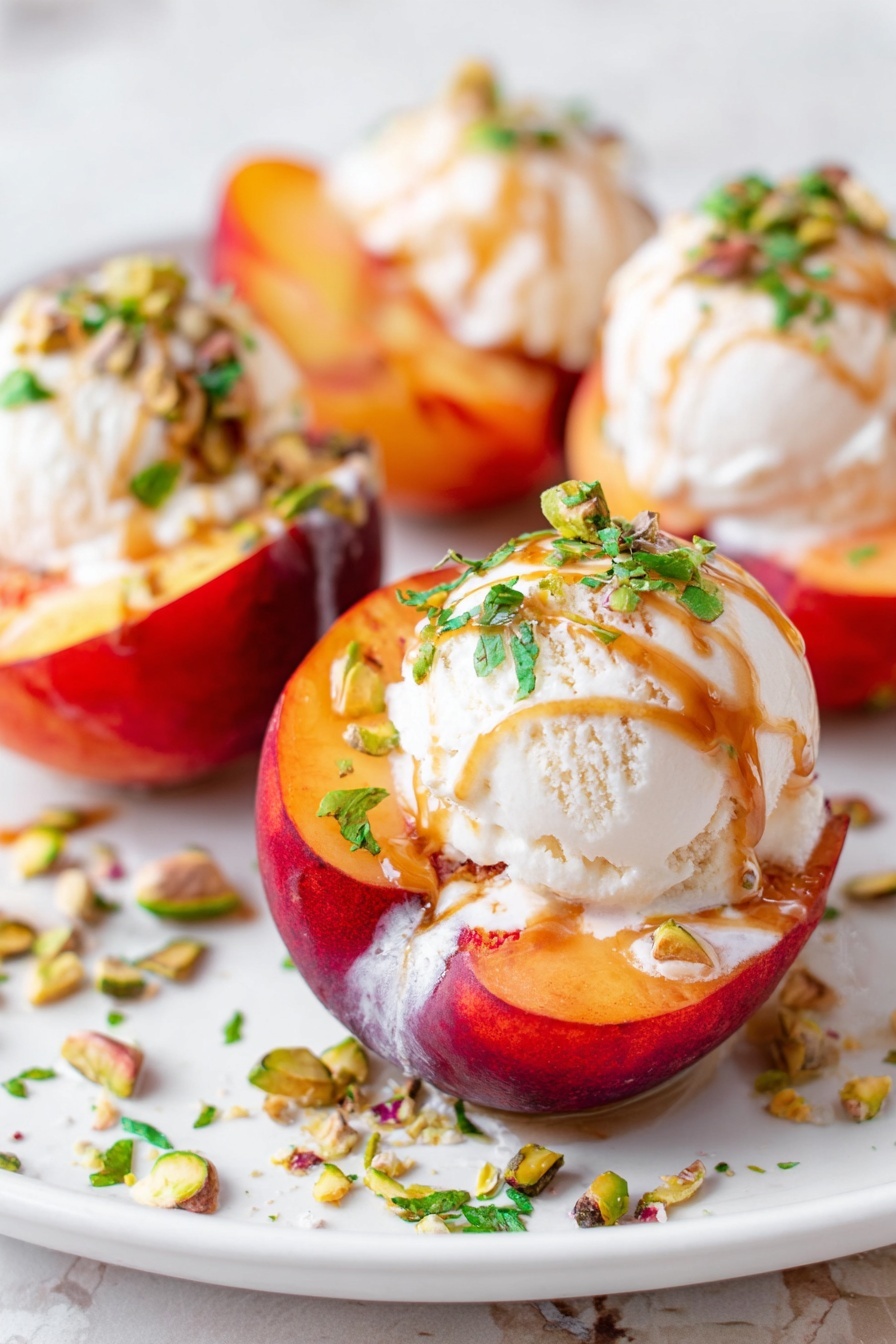 The image shows a white plate with four peach halves as the base, each peach half deep reddish-purple outside and orange inside. On each peach half, there is a round scoop of creamy white ice cream placed on top. The ice cream is drizzled with a light brown sauce and sprinkled with chopped green herbs and small pieces of pistachio nuts. Some of the sauce and nuts have spilled onto the white marbled surface around the plate. The focus is on the close-up peach half and ice cream scoop in the front center of the plate. Photo taken with an iphone --ar 2:3 --v 7