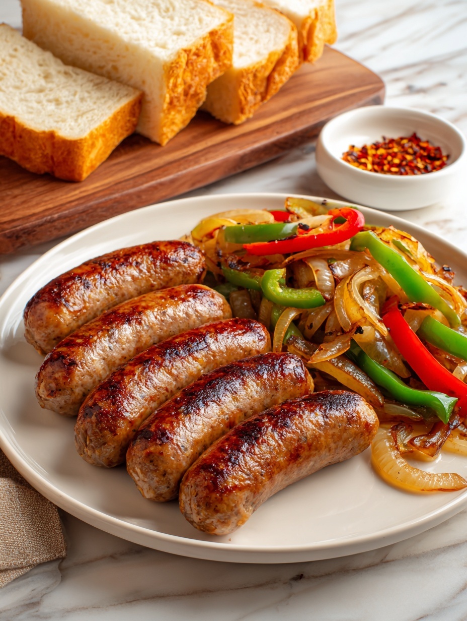 A white plate holds five grilled sausages that are brown with some darker grill marks, arranged in a slightly overlapping way on the left side. On the right side of the plate, there is a colorful mix of cooked onion slices that are translucent with browned edges, green and red bell pepper strips that are soft with a shiny texture. Behind the plate, pieces of light golden crusty bread are placed on a wooden board, all set on a white marbled surface. photo taken with an iphone --ar 2:3 --v 7
