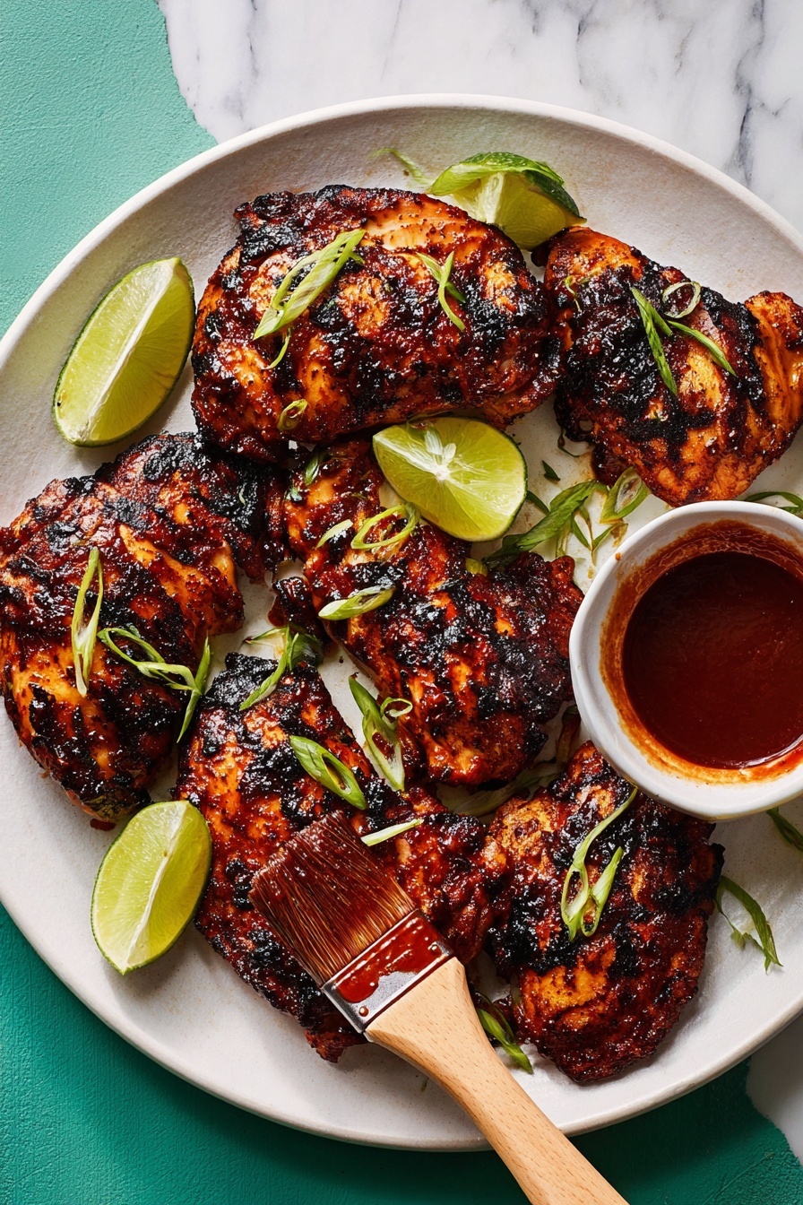 A round white plate holds six pieces of grilled chicken with dark, charred marks and a rich red-brown glaze. Bright green lime wedges are placed on top and around the chicken pieces. Small green onion slices are scattered across all the chicken, adding a fresh touch. On the right side of the plate, a brush with a wooden handle and bristles covered in dark sauce touches a chicken piece. Next to the plate, on a white marbled surface, is a small white bowl filled with thick dark barbecue sauce. photo taken with an iphone --ar 2:3 --v 7