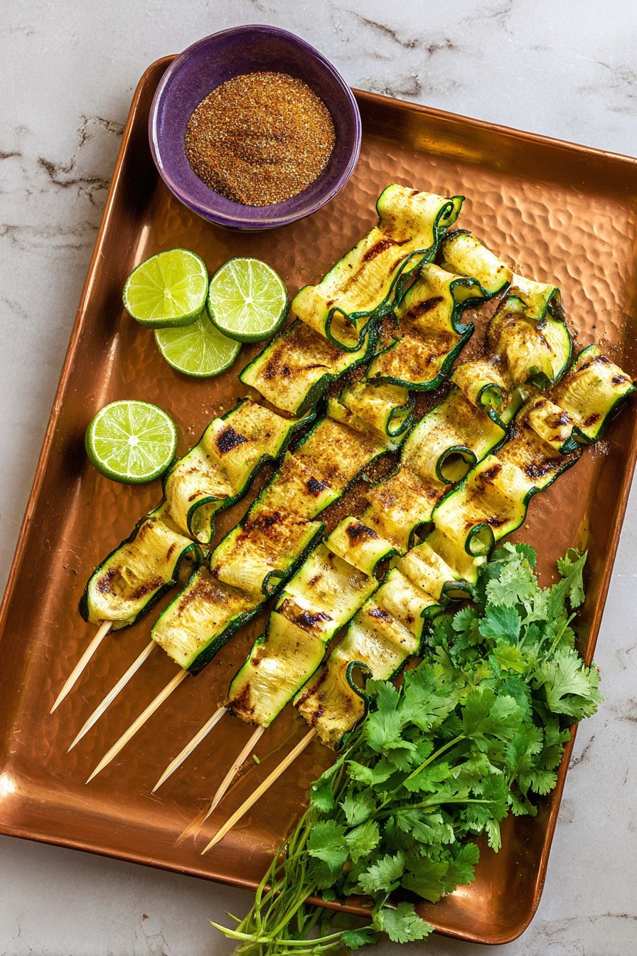 The image shows three skewers of thin, curled zucchini slices grilled to a light golden brown, laid side by side on a textured copper baking tray. Each skewer has many folded, slightly charred zucchini layers with green edges and a soft yellow center. On the top left corner of the tray, there are three green lime wedges, and near the limes is a small white bowl filled with a reddish-brown spice powder. To the right of the tray, there is a bunch of fresh green cilantro. The whole scene is set on a white marbled surface. photo taken with an iphone --ar 2:3 --v 7