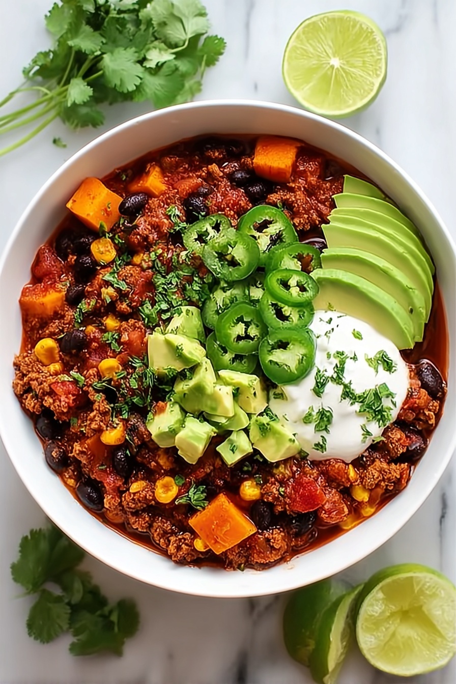 A white bowl filled with chili that has three main layers: a base of cooked ground meat mixed with black beans, corn, and diced orange sweet potatoes; on top, three light green slices of avocado are arranged on one side, along with chunks of pale green avocado pieces scattered around; in the center, a dollop of white sour cream sits, topped with bright green chopped cilantro leaves. The bowl is placed on a white marbled surface, with lime halves and fresh cilantro leaves surrounding it photo taken with an iphone --ar 2:3 --v 7