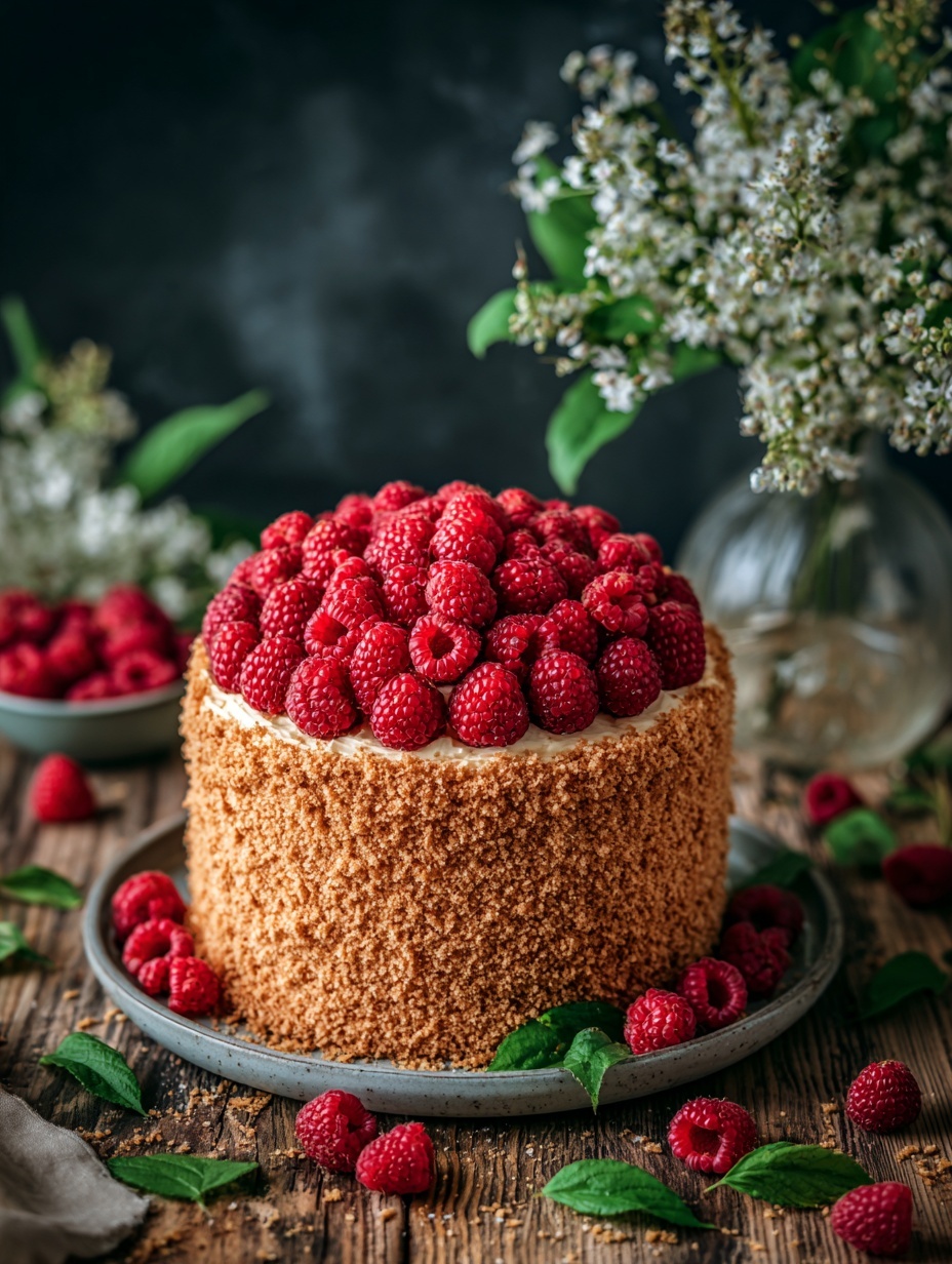 A tall round cake covered on the outside with a textured light brown crumb layer sits on a gray plate. The cake is topped with a large pile of fresh red raspberries, filling the entire top surface. The background shows some greenery, and the setting includes scattered raspberries and leaves around the plate on a white marbled surface. Photo taken with an iphone --ar 2:3 --v 7