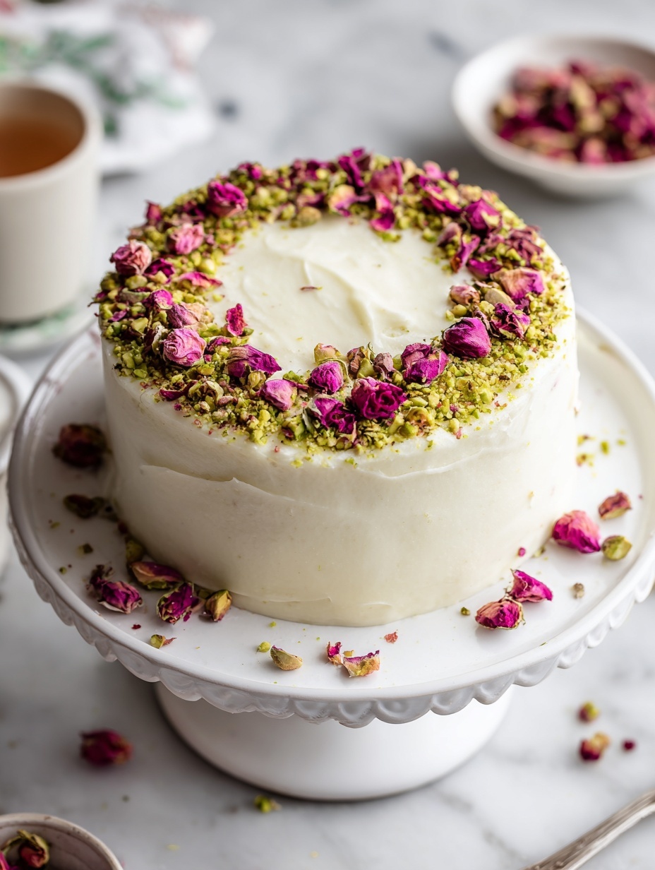The image shows a small round cake covered in smooth white icing, placed on a white scalloped-edge cake stand. Around the top edge of the cake is a ring of whole pink dried rosebuds and crushed green pistachios mixed with rose petals, adding texture and color contrast. Some pistachio crumbs and rose petals are scattered on the cake stand. The background is a white marbled surface, and out-of-focus bright pink flowers frame the bottom and right side of the image. Photo taken with an iphone --ar 2:3 --v 7