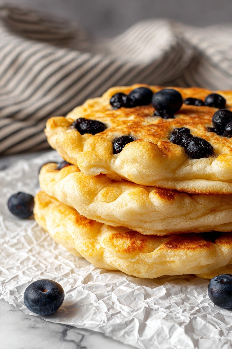 The image shows several golden brown, fluffy mini pancakes topped with whole blueberries scattered unevenly across the surface. The pancake layer is thick and soft with slight crisp edges that have a warm, toasted color. The blueberries sit on top, adding dark purple and blue hues that contrast with the light, airy pancake base. The pancakes are arranged closely together on a wooden surface, with a few loose blueberries around them. The texture of the pancakes looks airy and slightly bumpy. Photo taken with an iphone --ar 2:3 --v 7