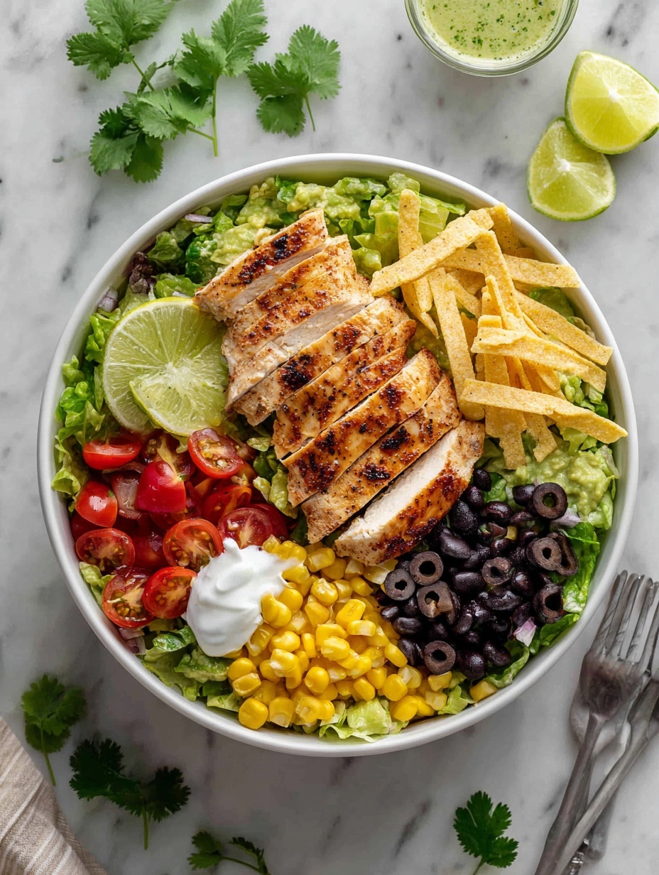 A white bowl filled with a colorful salad layered starting with green lettuce leaves at the bottom. Sliced grilled chicken with a shiny, golden-brown color is placed neatly on top in the center. Around the chicken, there are bright yellow corn kernels sprinkled with black beans. On one side, there are small red cherry tomatoes, and on the other, sliced red bell peppers. Shredded light beige tortilla strips are scattered on the salad along with dark black olive slices. A small dollop of white sour cream sits near the chicken, with a scoop of green guacamole garnished with a green herb next to it. Two lime wedges rest on one edge of the bowl. The bowl is set on a white marbled texture surface with a blurry fork and a small bowl of green sauce visible in the background. Photo taken with an iphone --ar 2:3 --v 7