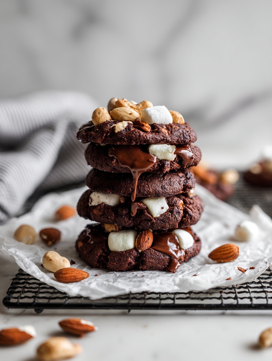 The image shows a stack of dark brown chocolate cookies with a rough texture, each cookie filled with melted chocolate chunks and white marshmallows. The cookies have whole almonds and cashews on the surface, adding a rough and nutty look. The stack is placed on white parchment paper on a black metal cooling rack, with a few almonds scattered around. Soft sunlight highlights the melty chocolate and glossy nuts, all set against a white marbled texture background. photo taken with an iphone --ar 2:3 --v 7