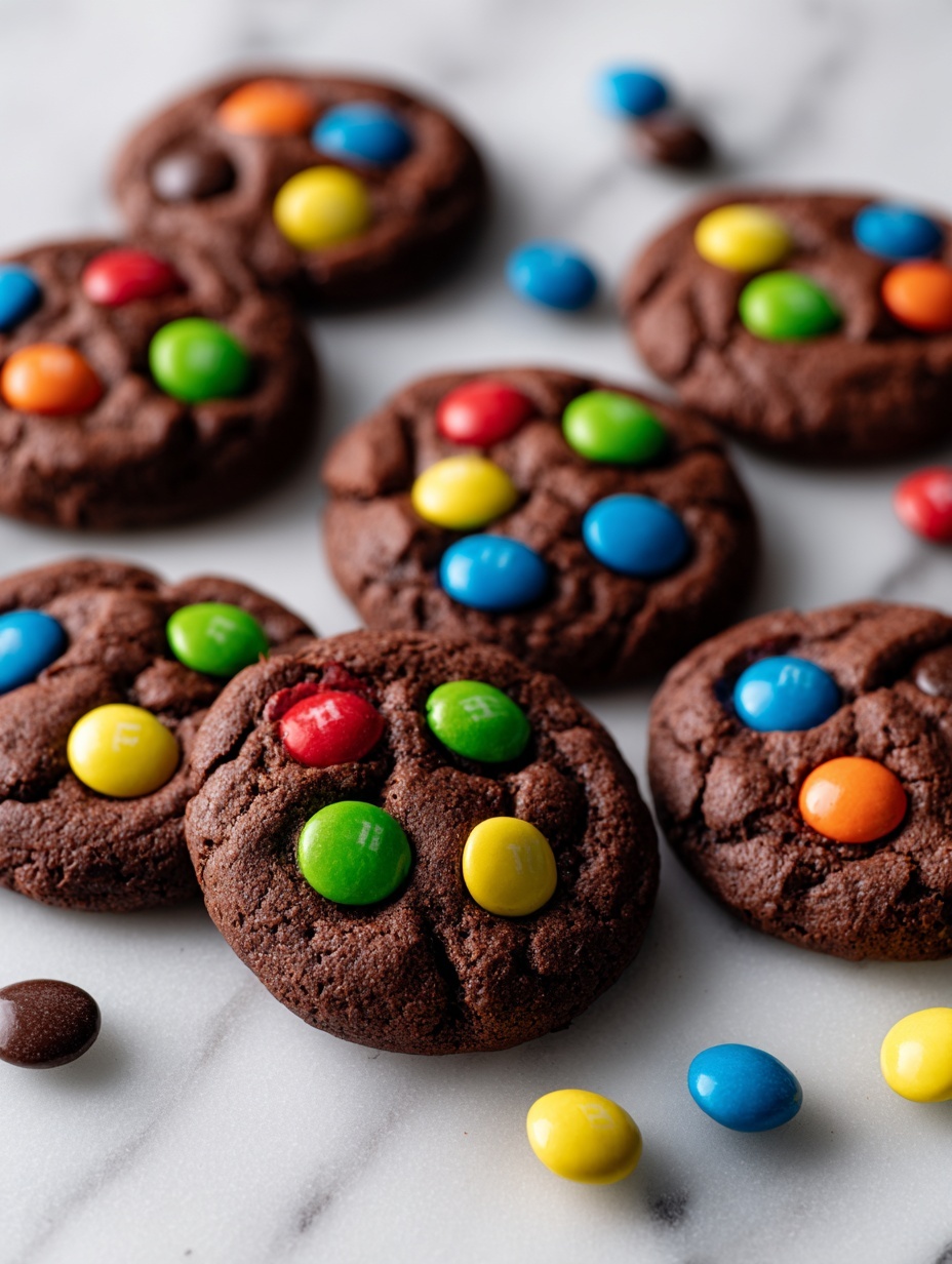 The image shows nine round dark brown chocolate cookies topped with colorful candy pieces in red, blue, green, yellow, orange, and brown scattered on top. The cookies have a soft and slightly cracked texture. They are placed closely together on a white marbled texture surface. Some candy pieces also lie loose on the surface between the cookies. The overall look is vibrant and tasty with the contrast between the dark cookie base and bright candies. photo taken with an iphone --ar 2:3 --v 7