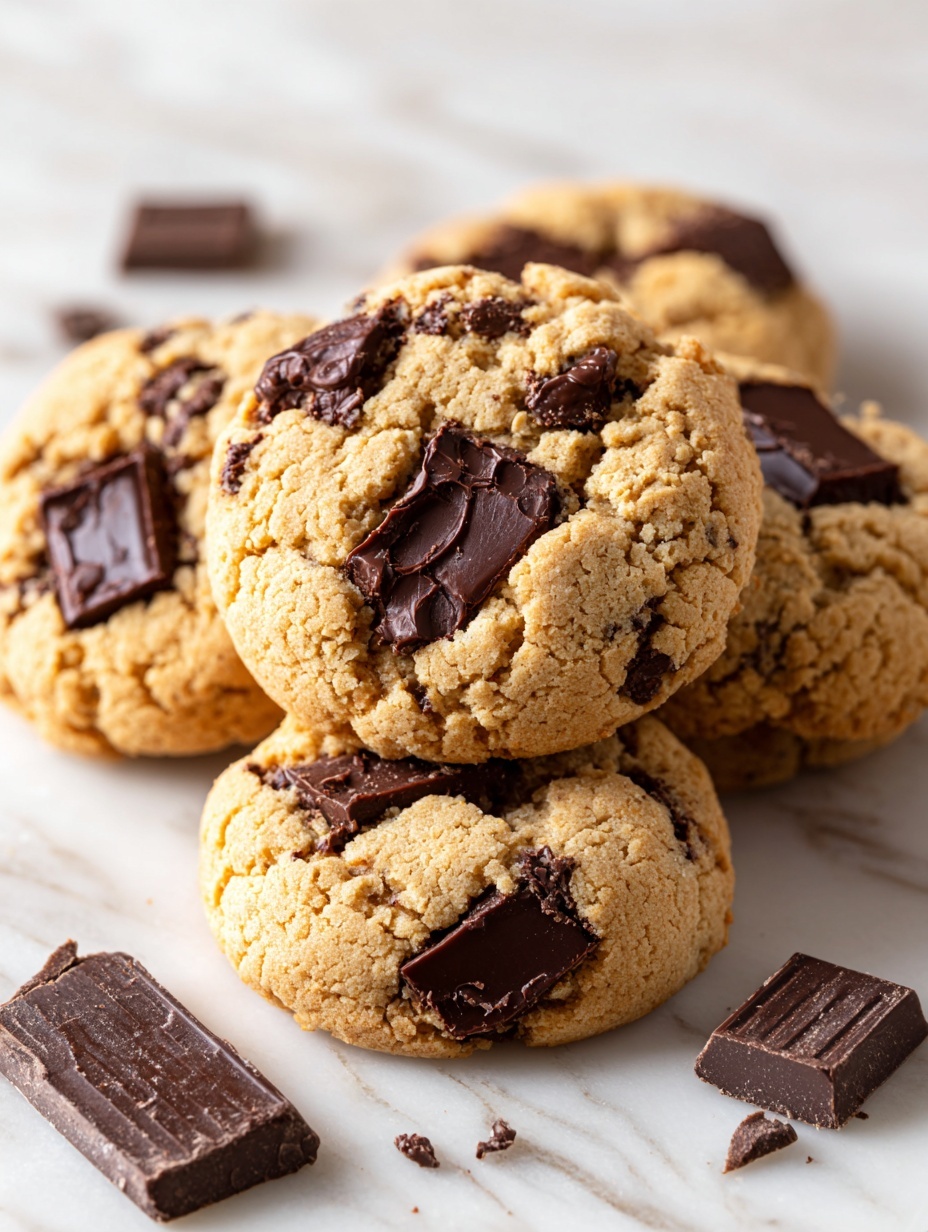 A stack of three thick chocolate chip cookies sits on a wooden surface. The bottom cookie is whole and chunky with visible melted chocolate chips. On top, two cookie halves are stacked, showing a soft, light golden-brown interior filled with large, glossy dark chocolate chunks oozing slightly. Scattered around the stack are some dark chocolate pieces, adding to the rich and inviting look of the cookies. The background is softly blurred, making the cookies the clear focus. photo taken with an iphone --ar 2:3 --v 7