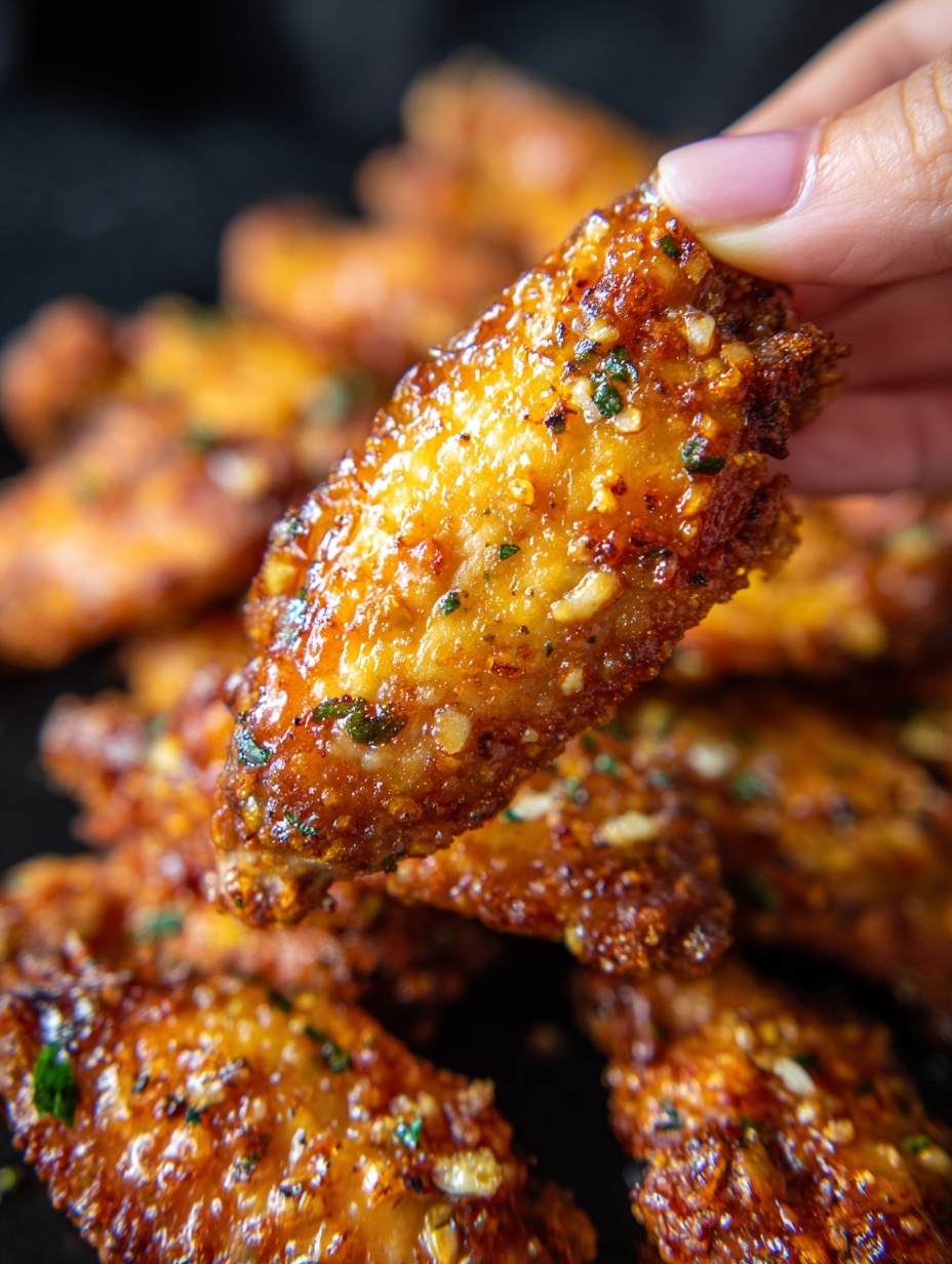 A close-up of a woman’s hand holding a golden brown fried chicken wing covered in a shiny, textured layer of garlic butter with small bits of green herbs sprinkled on top. The background shows multiple similar chicken wings stacked closely together, all with the same crispy, golden-brown coating and herb garnish, on a white marbled textured surface. The focus is sharp on the single wing in the woman’s hand with a soft blur on the wings behind. photo taken with an iphone --ar 2:3 --v 7