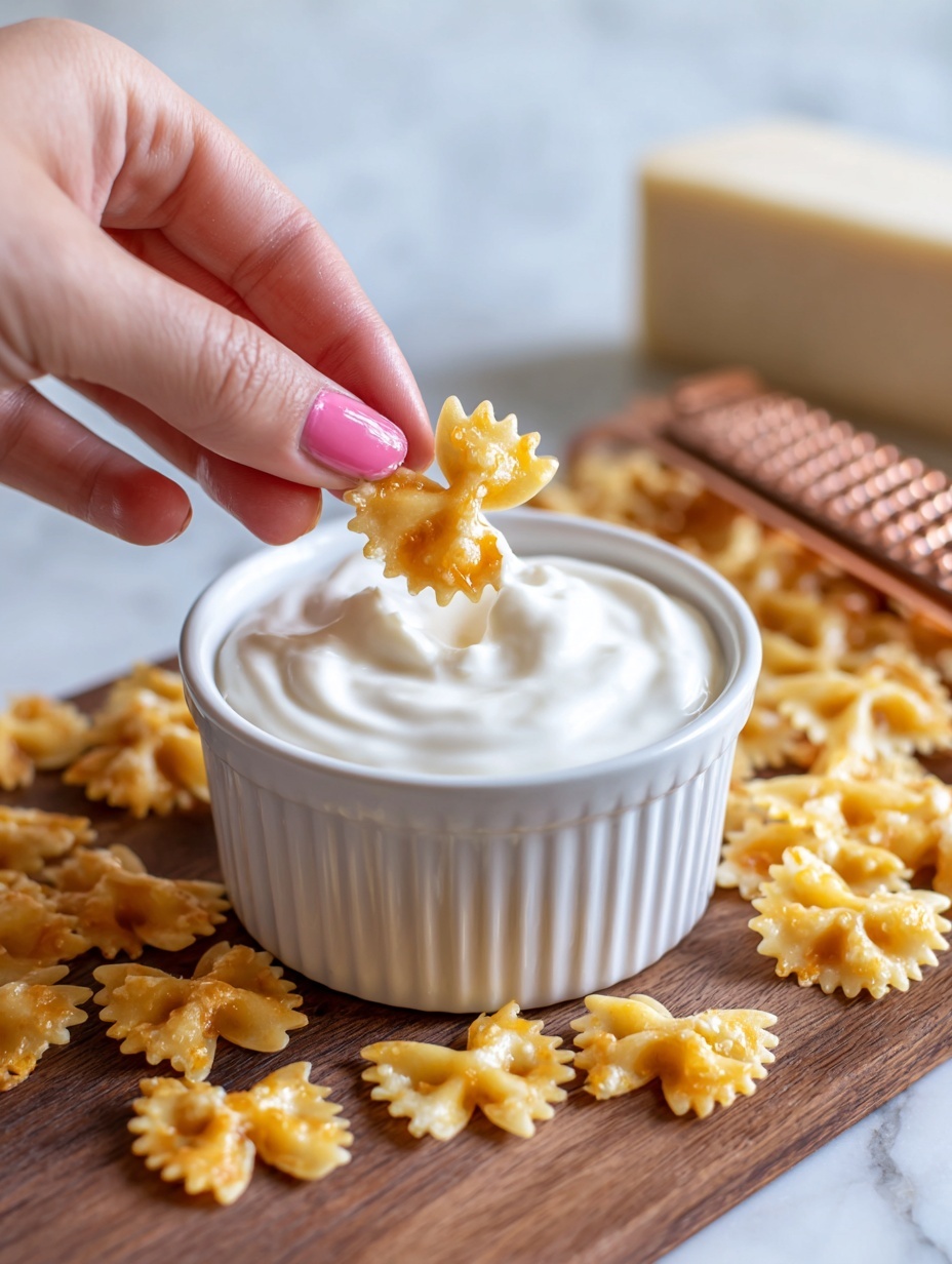 The image shows a close-up of a woman's hand with bright pink nails holding a light brown crunchy snack dipped in thick white creamy sauce that fills a small white ceramic bowl. The bowl sits on a wooden surface surrounded by many more of the same crunchy snacks that are tube-shaped and have a crispy texture with some light golden spots. In the background, there is a white cheese block and a copper-colored grater resting on top. The scene is set on a white marbled texture surface. Photo taken with an iphone --ar 2:3 --v 7